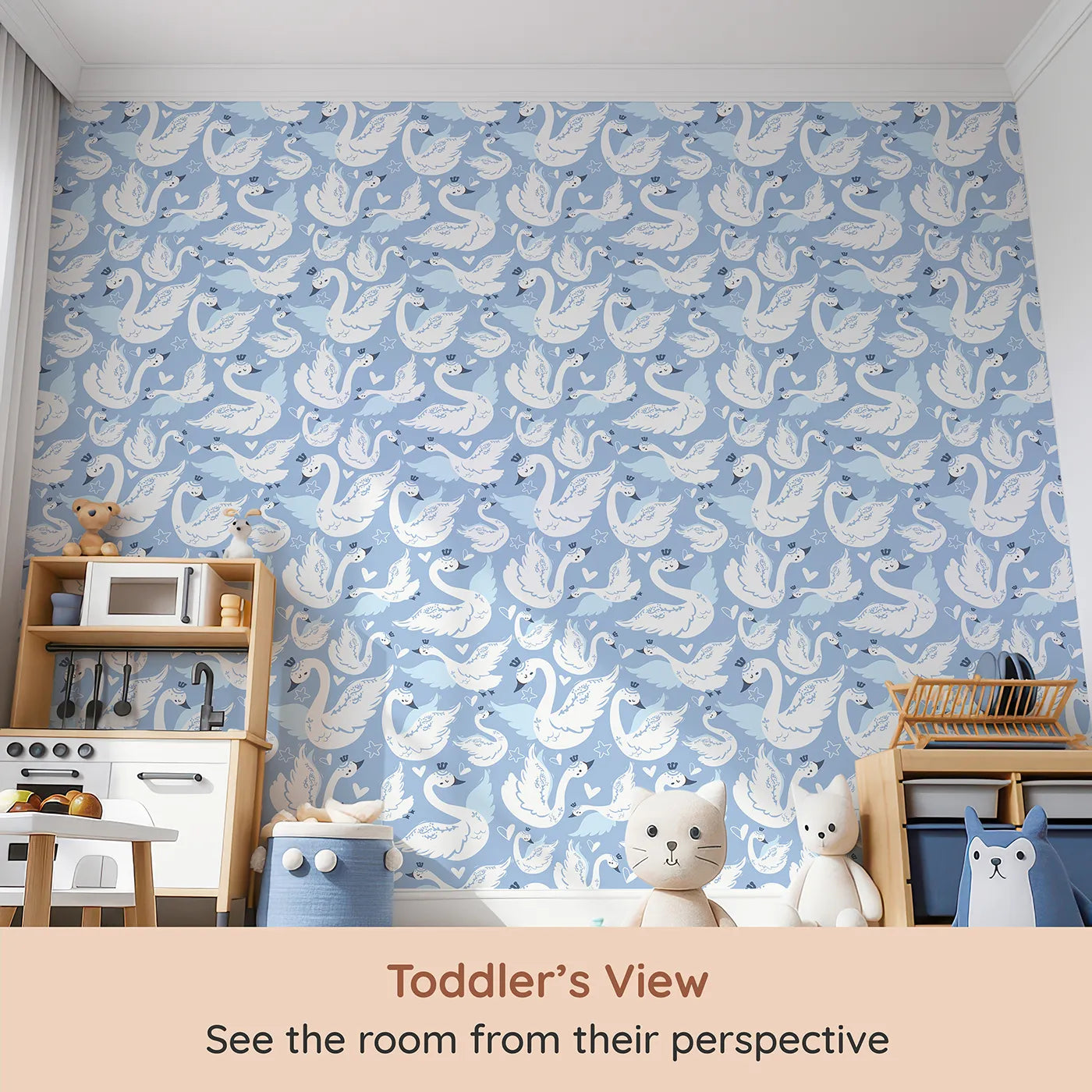 Whimsy Tots Swan Princess Waltz Wallpaper in Blue (W3083C) from your child's view.Crowned swans twirl through a dreamy purple sky filled with hearts and stars.