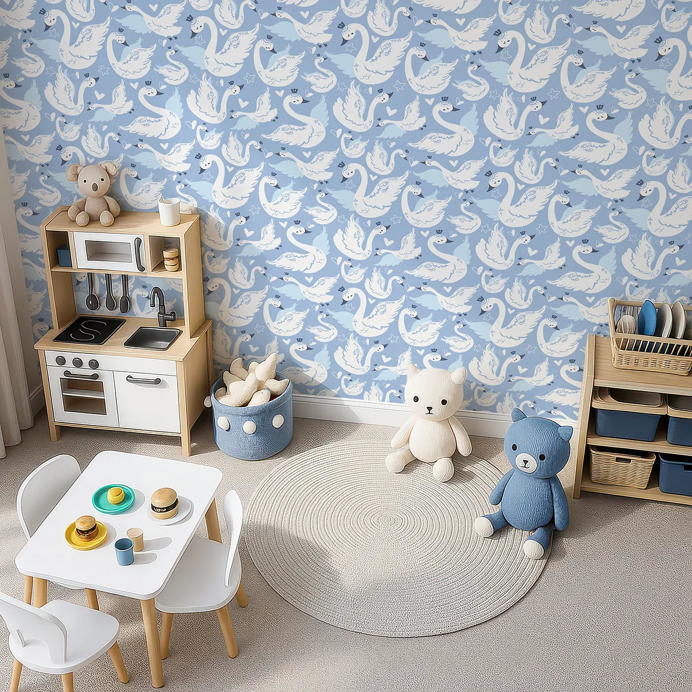 Top-Down view of Whimsy Tots' Swan Princess Waltz Wallpaper in Blue (W3083C).Crowned swans twirl through a dreamy purple sky filled with hearts and stars.