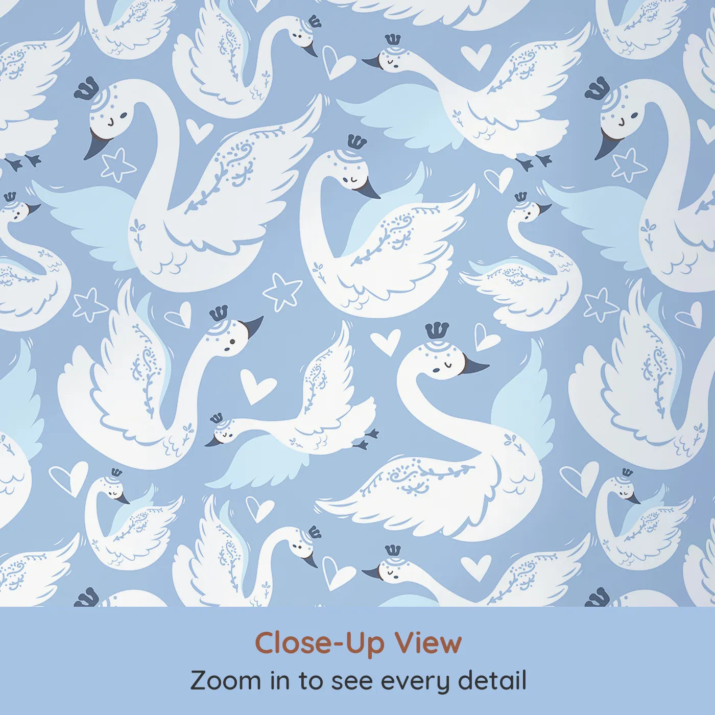 Close-up view of Whimsy Tots' Swan Princess Waltz Wallpaper in Blue (W3083C).Crowned swans twirl through a dreamy purple sky filled with hearts and stars.