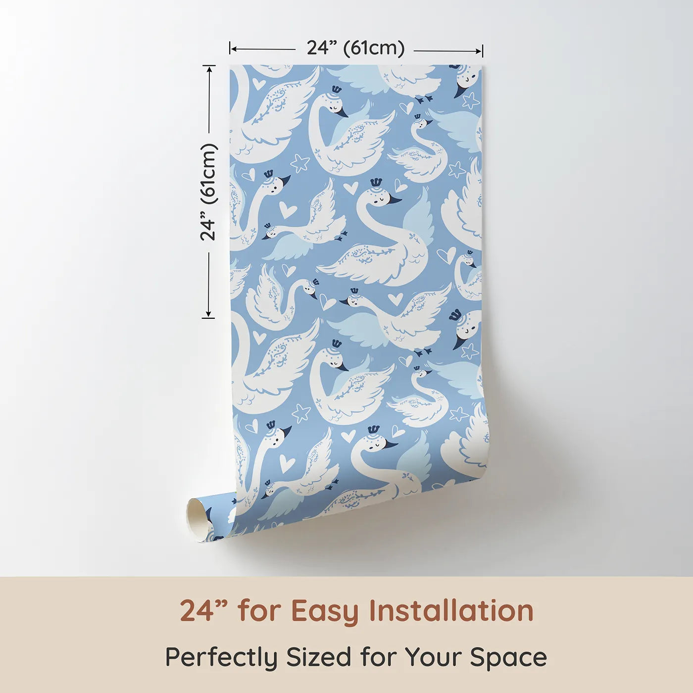 Dimension view of Whimsy Tots Swan Princess Waltz Wallpaper in Blue (W3083C). Printed in 24-inch-wide panel for easy installation. Crowned swans twirl through a dreamy purple sky filled with hearts and stars.