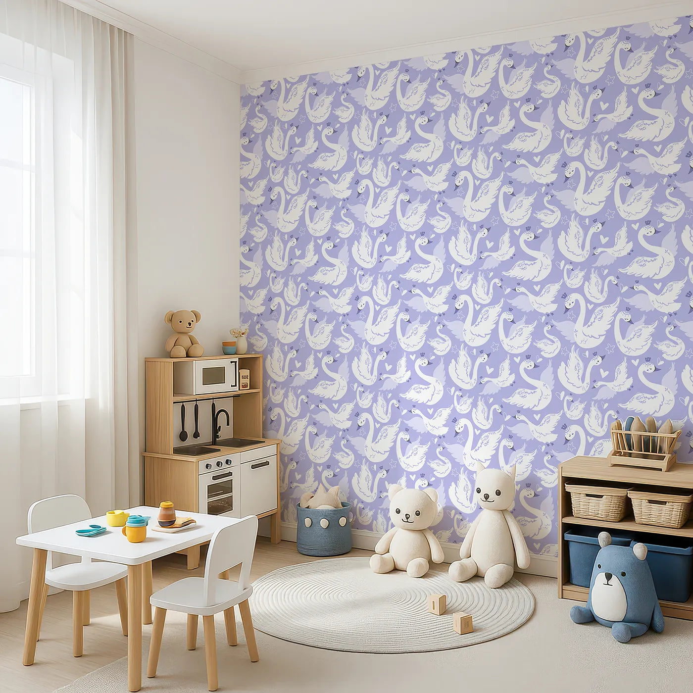 Angled view of Whimsy Tots' Swan Princess Waltz Wallpaper in Lavender (W3083D).Crowned swans twirl through a dreamy purple sky filled with hearts and stars.