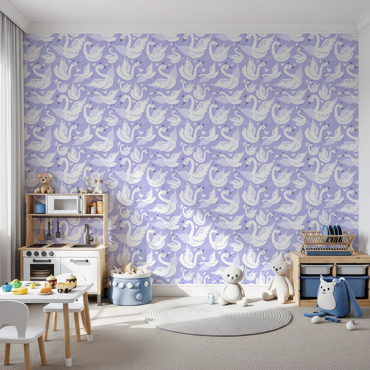 Front view of Whimsy Tots' Swan Princess Waltz Wallpaper in Lavender