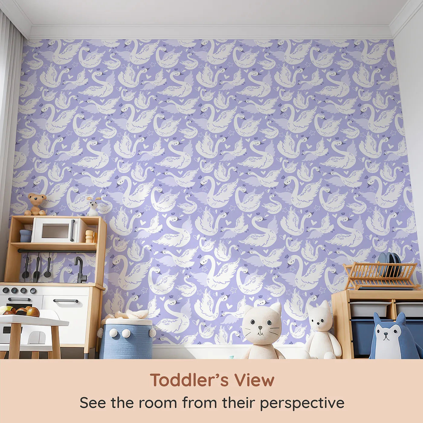 Whimsy Tots Swan Princess Waltz Wallpaper in Lavender (W3083D) from your child's view.Crowned swans twirl through a dreamy purple sky filled with hearts and stars.