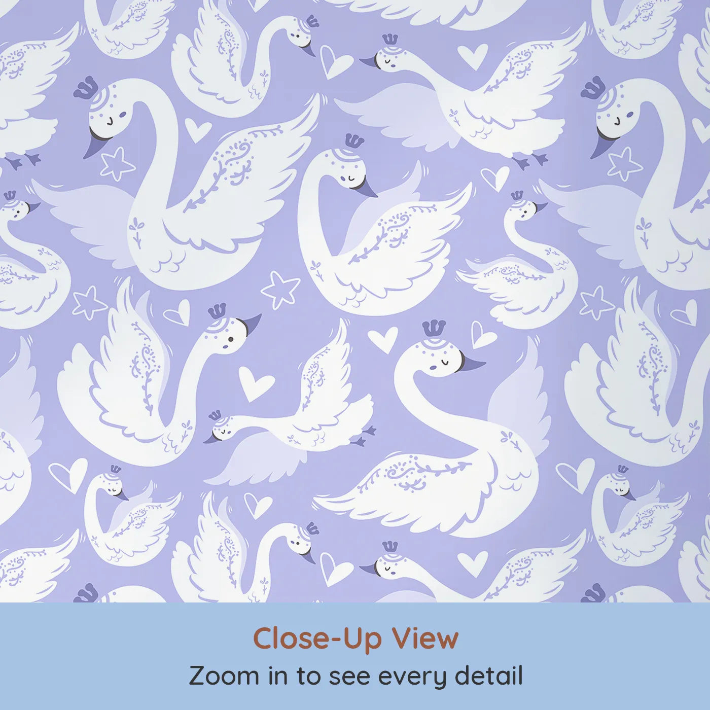 Close-up view of Whimsy Tots' Swan Princess Waltz Wallpaper in Lavender (W3083D).Crowned swans twirl through a dreamy purple sky filled with hearts and stars.