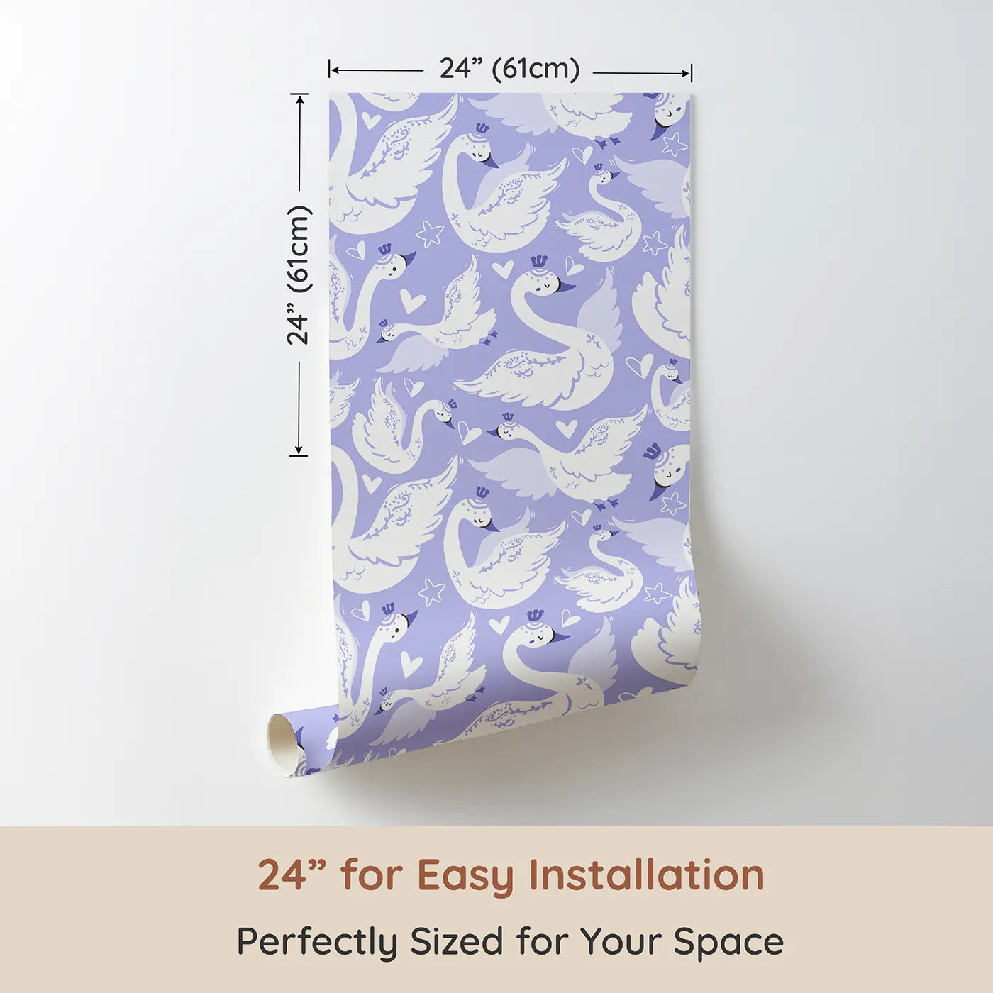 Dimension view of Whimsy Tots Swan Princess Waltz Wallpaper in Lavender (W3083D). Printed in 24-inch-wide panel for easy installation. Crowned swans twirl through a dreamy purple sky filled with hearts and stars.