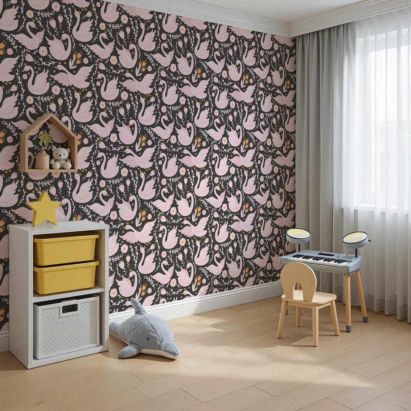 Angled view of Whimsy Tots' Starlit Swan Ballet Wallpaper in Charcoal Black (W3084A).Crowned swans and pastel blooms dance on the night sky.