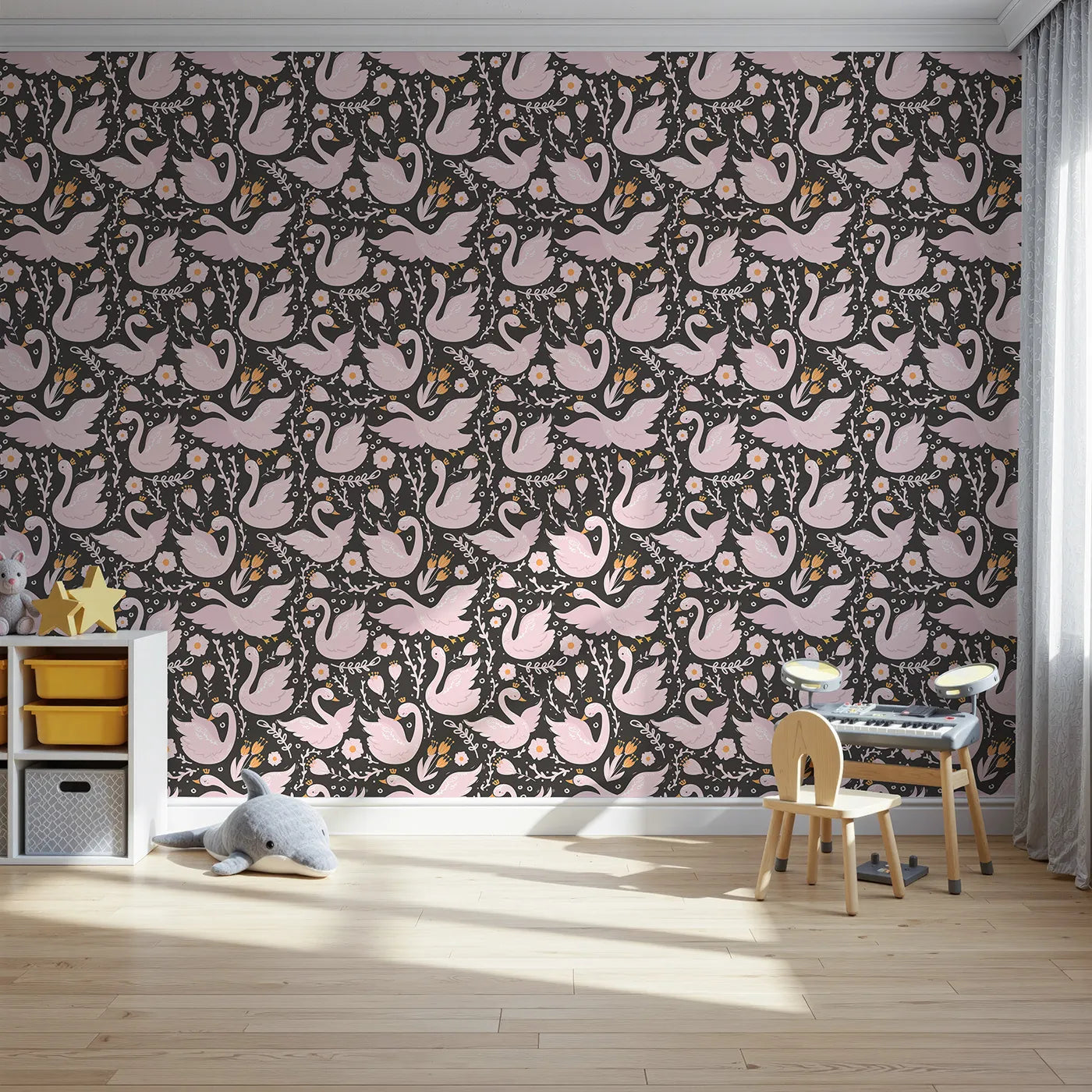 Front view of Whimsy Tots' Starlit Swan Ballet Wallpaper in Charcoal Black