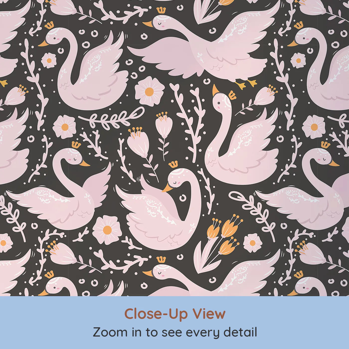 Close-up view of Whimsy Tots' Starlit Swan Ballet Wallpaper in Charcoal Black (W3084A).Crowned swans and pastel blooms dance on the night sky.