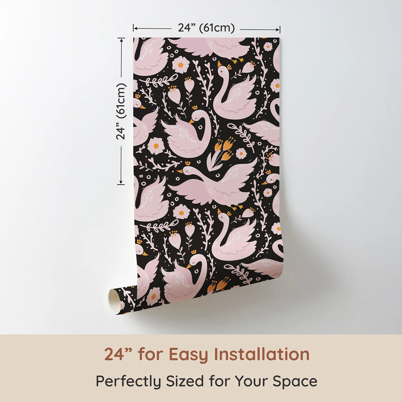 Dimension view of Whimsy Tots Starlit Swan Ballet Wallpaper in Charcoal Black (W3084A). Printed in 24-inch-wide panel for easy installation. Crowned swans and pastel blooms dance on the night sky.