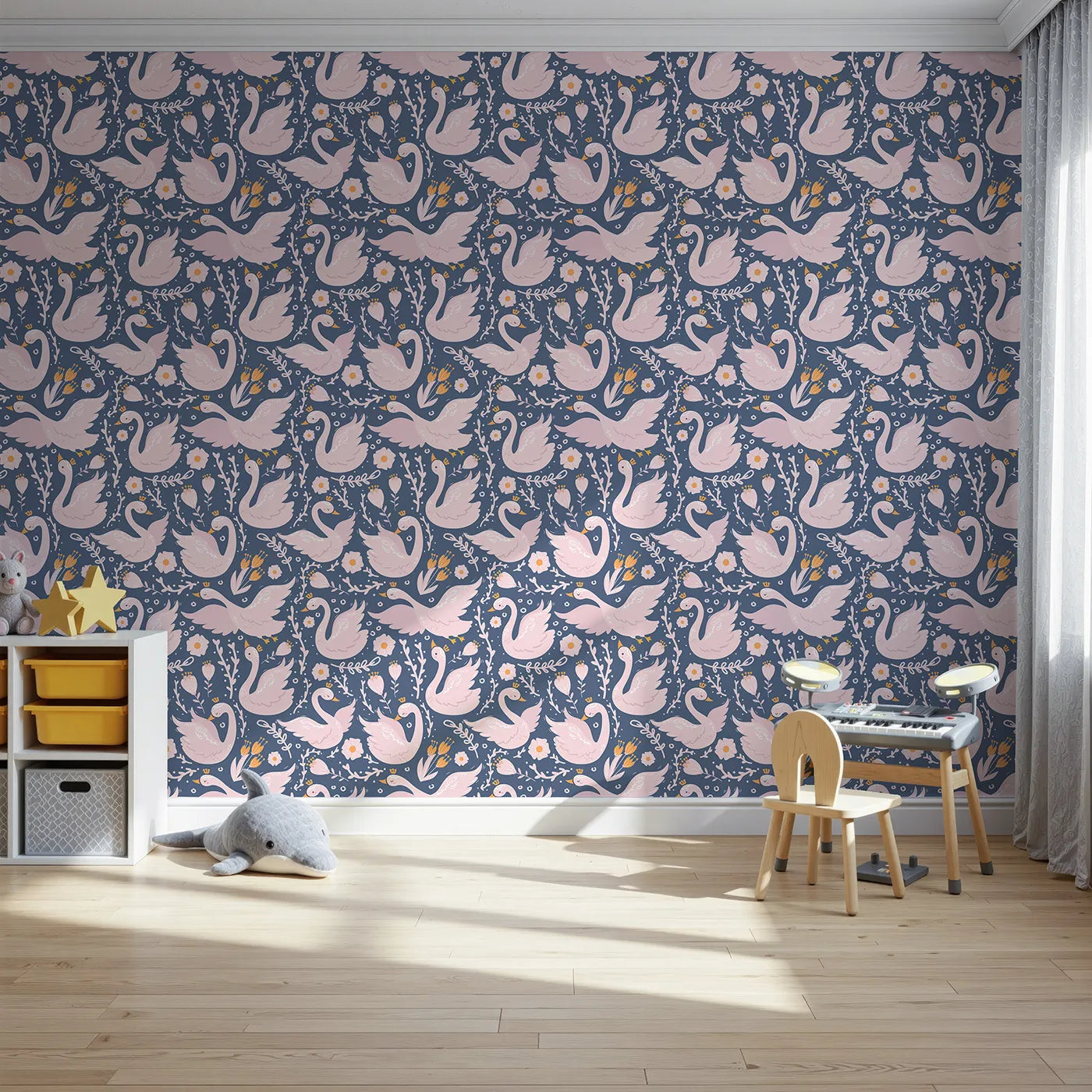 Front view of Whimsy Tots' Starlit Swan Ballet Wallpaper in Navy Blue