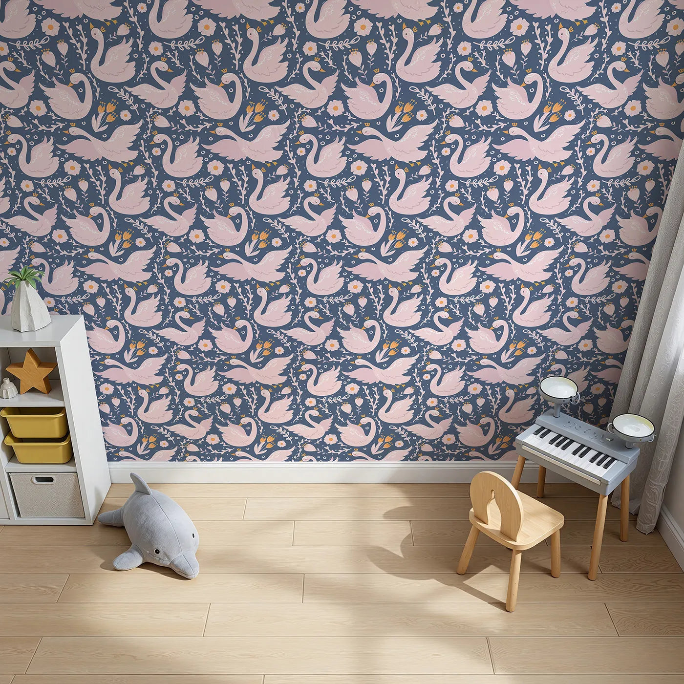 Top-Down view of Whimsy Tots' Starlit Swan Ballet Wallpaper in Navy Blue (W3084B).Crowned swans and pastel blooms glide through navy dusk.