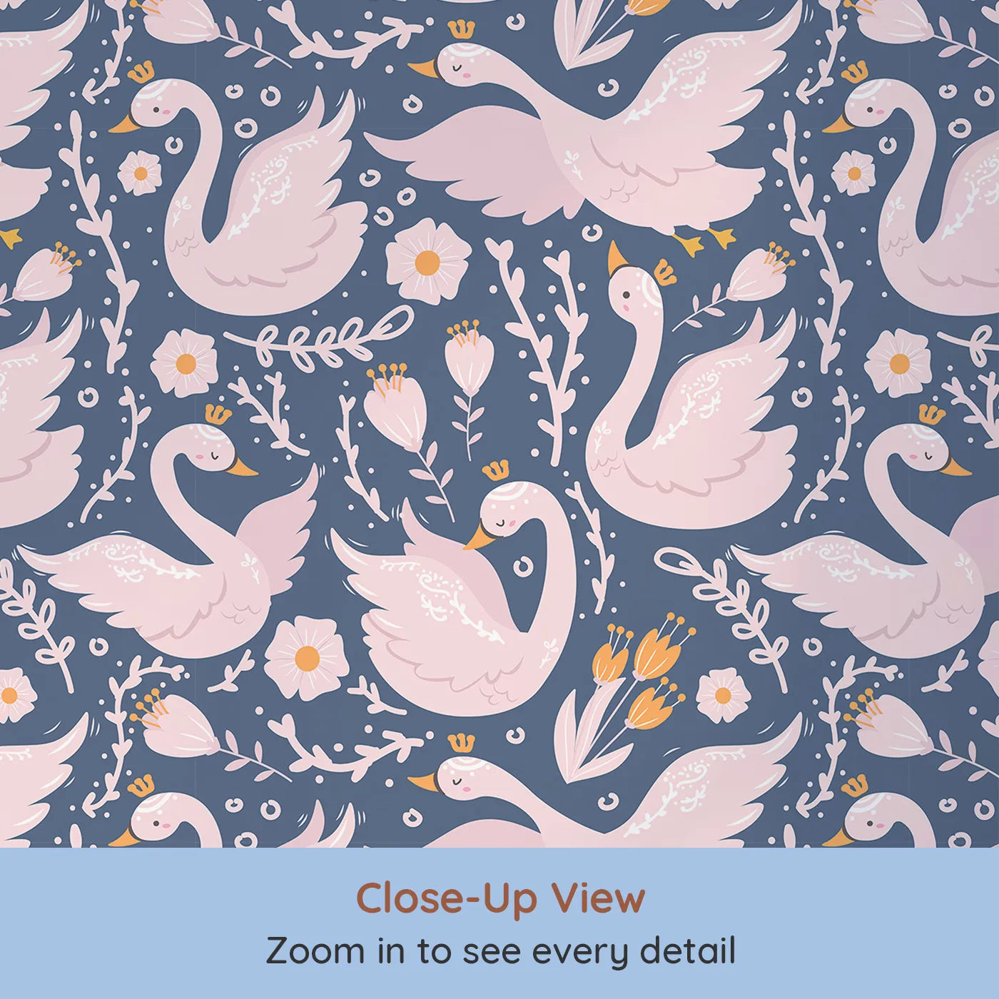 Close-up view of Whimsy Tots' Starlit Swan Ballet Wallpaper in Navy Blue (W3084B).Crowned swans and pastel blooms glide through navy dusk.