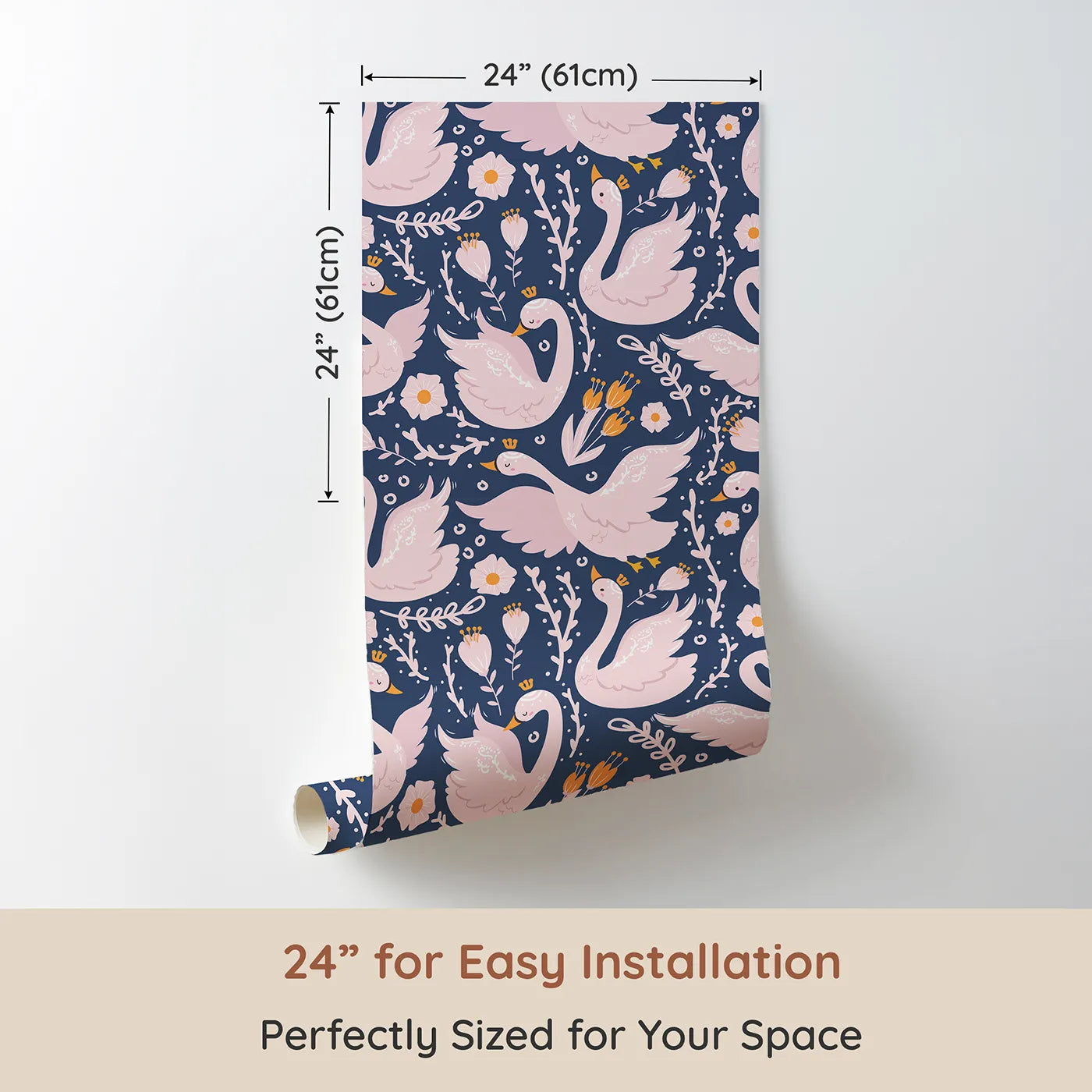 Dimension view of Whimsy Tots Starlit Swan Ballet Wallpaper in Navy Blue (W3084B). Printed in 24-inch-wide panel for easy installation. Crowned swans and pastel blooms glide through navy dusk.