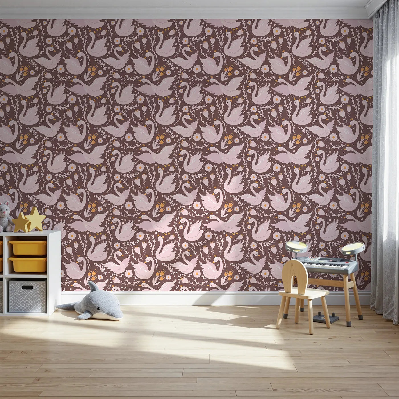 Front view of Whimsy Tots' Starlit Swan Ballet Wallpaper in Cocoa Brown