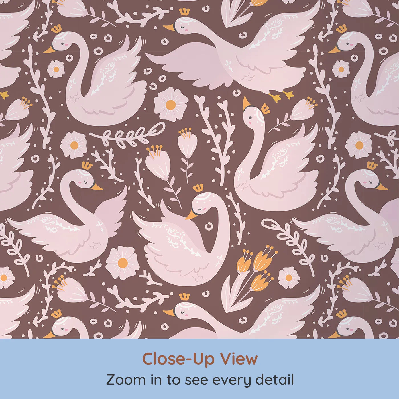Close-up view of Whimsy Tots' Starlit Swan Ballet Wallpaper in Cocoa Brown (W3084C).Crowned swans and soft florals glow against warm cocoa.