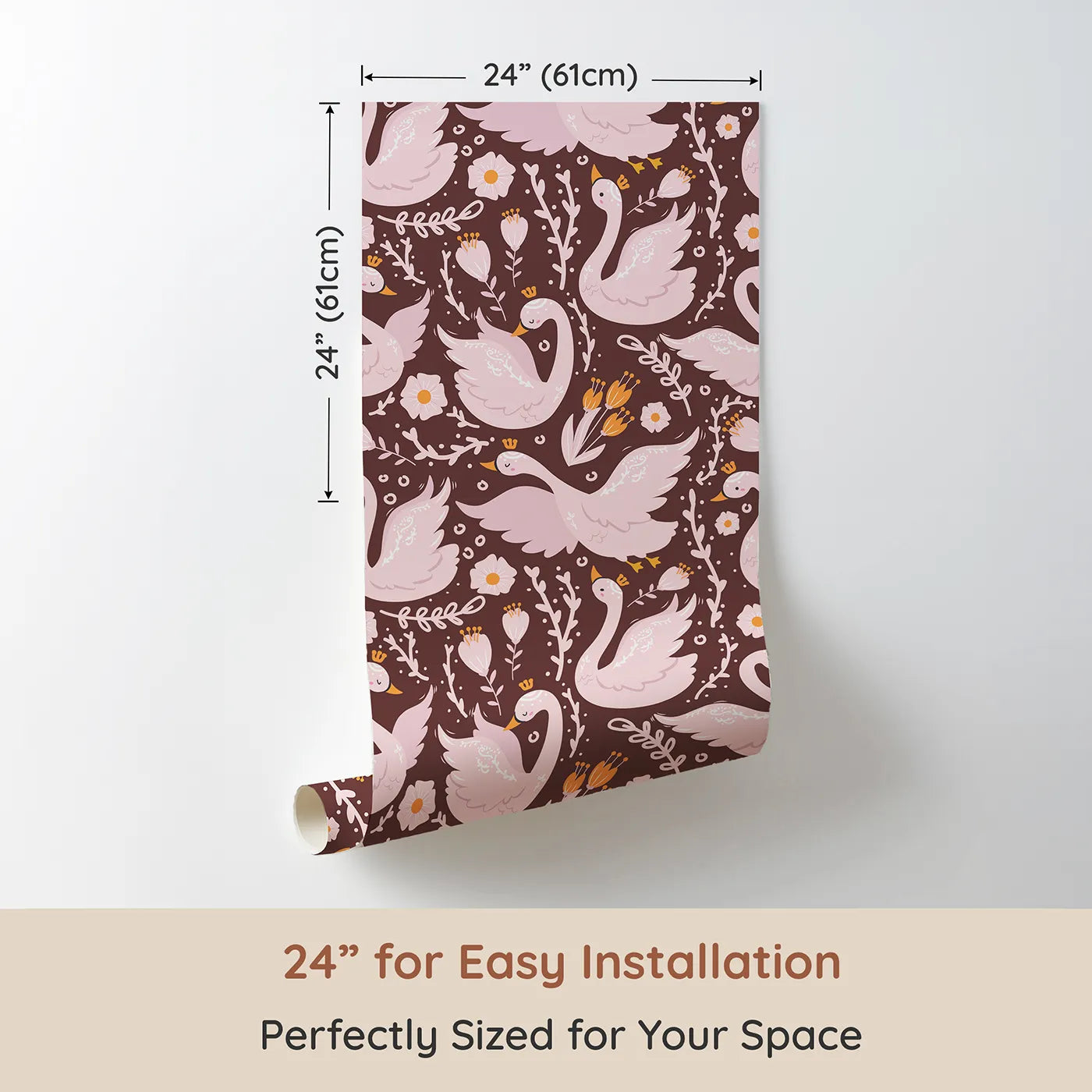 Dimension view of Whimsy Tots Starlit Swan Ballet Wallpaper in Cocoa Brown (W3084C). Printed in 24-inch-wide panel for easy installation. Crowned swans and soft florals glow against warm cocoa.