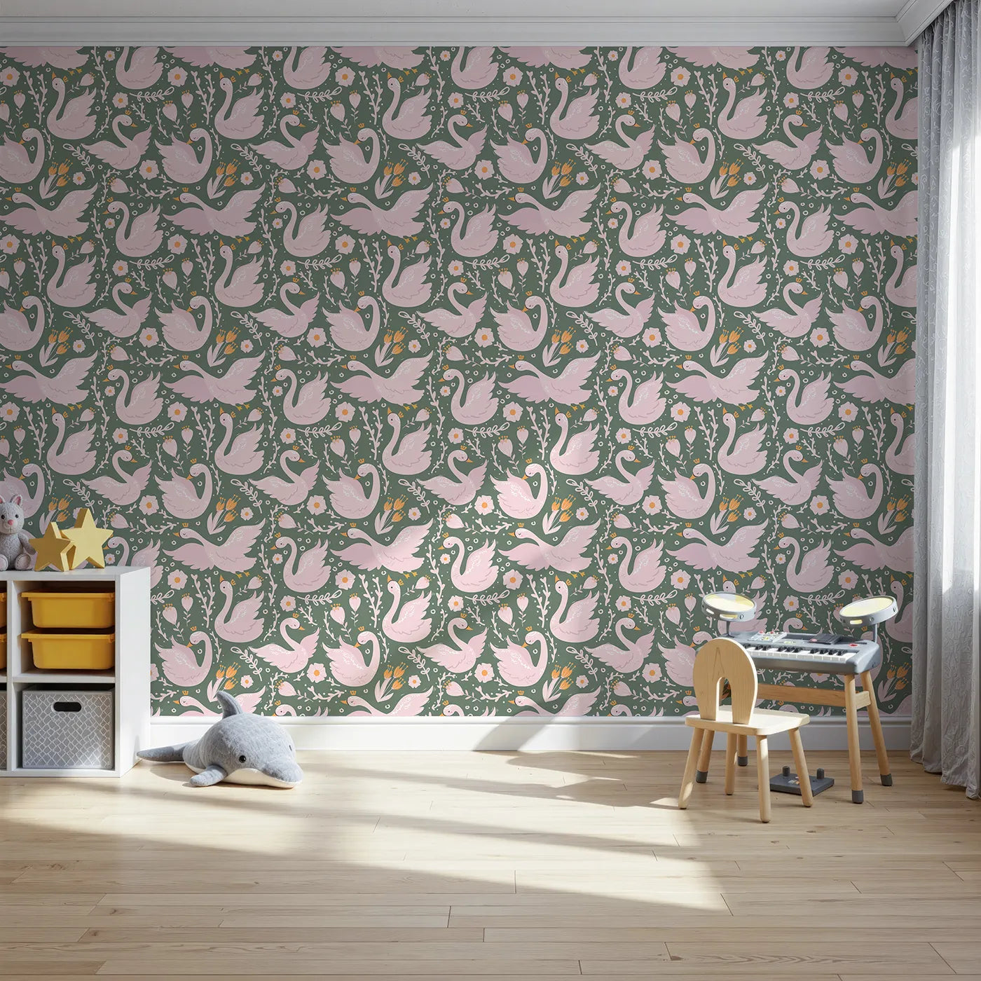 Front view of Whimsy Tots' Starlit Swan Ballet Wallpaper in Sage Green