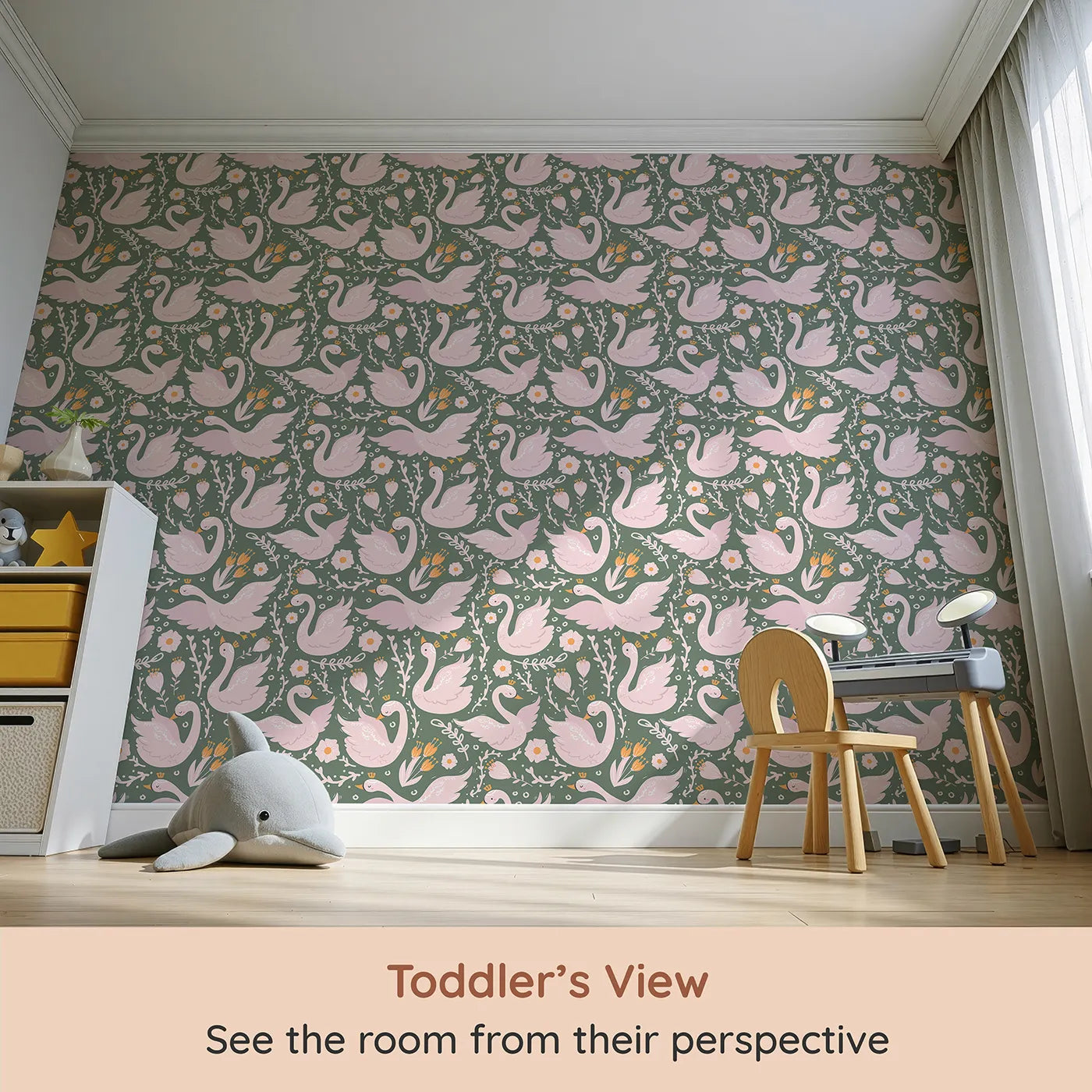 Whimsy Tots Starlit Swan Ballet Wallpaper in Sage Green (W3084D) from your child's view.Crowned swans and floral bows float on sage calm.