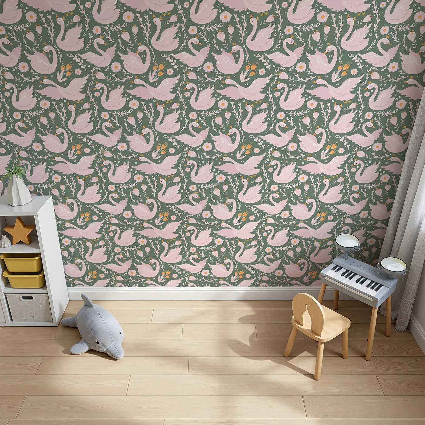 Top-Down view of Whimsy Tots' Starlit Swan Ballet Wallpaper in Sage Green (W3084D).Crowned swans and floral bows float on sage calm.