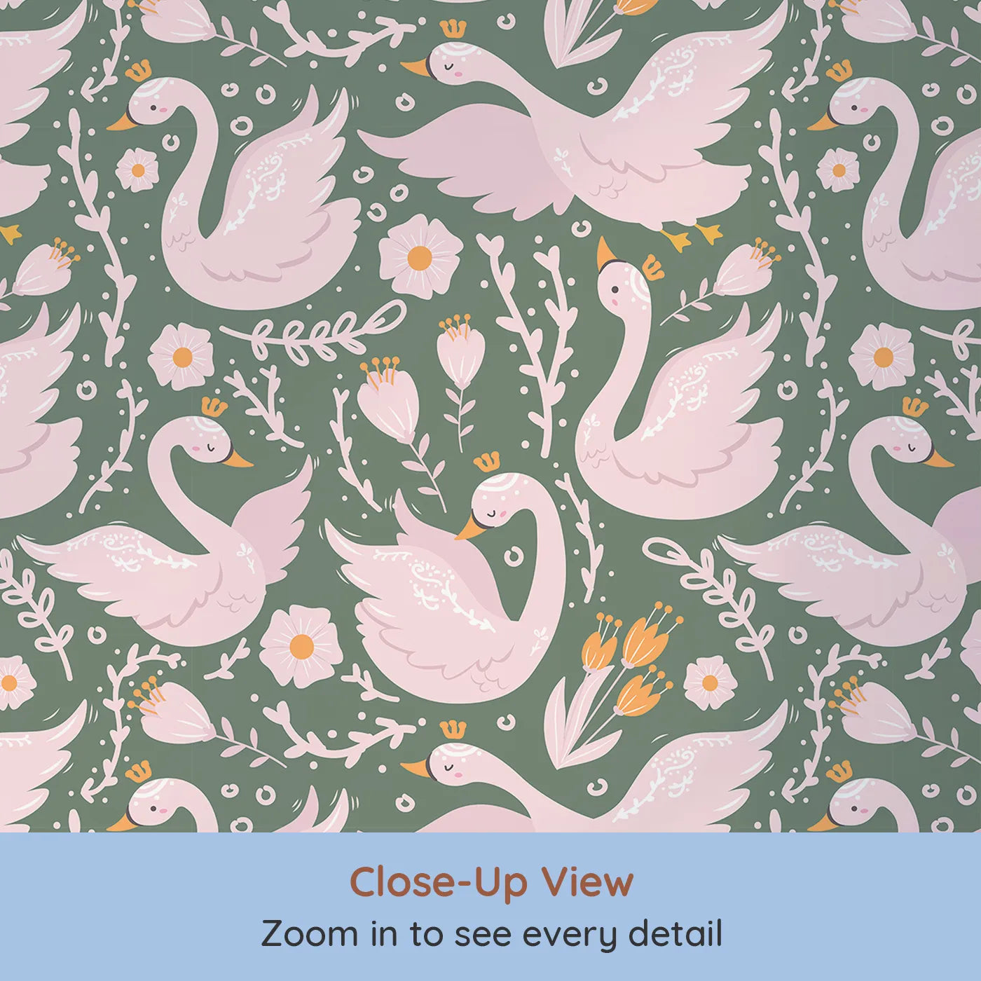 Close-up view of Whimsy Tots' Starlit Swan Ballet Wallpaper in Sage Green (W3084D).Crowned swans and floral bows float on sage calm.