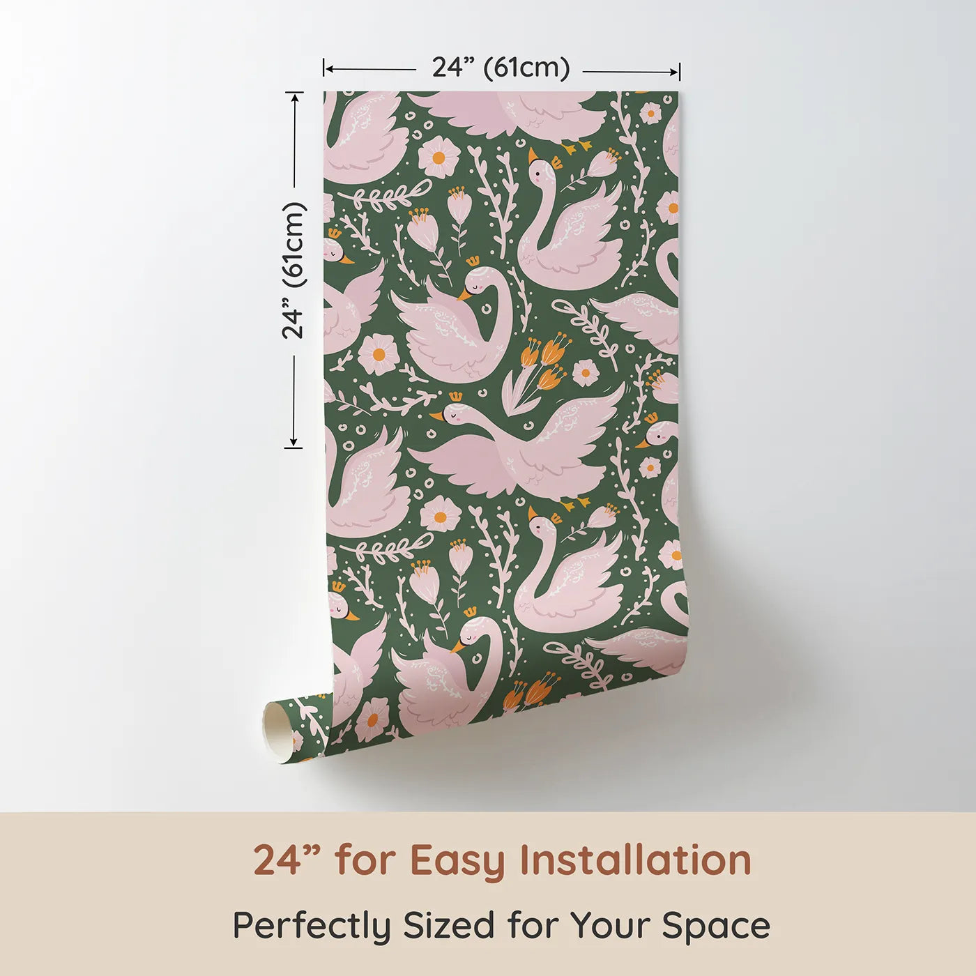 Dimension view of Whimsy Tots Starlit Swan Ballet Wallpaper in Sage Green (W3084D). Printed in 24-inch-wide panel for easy installation. Crowned swans and floral bows float on sage calm.