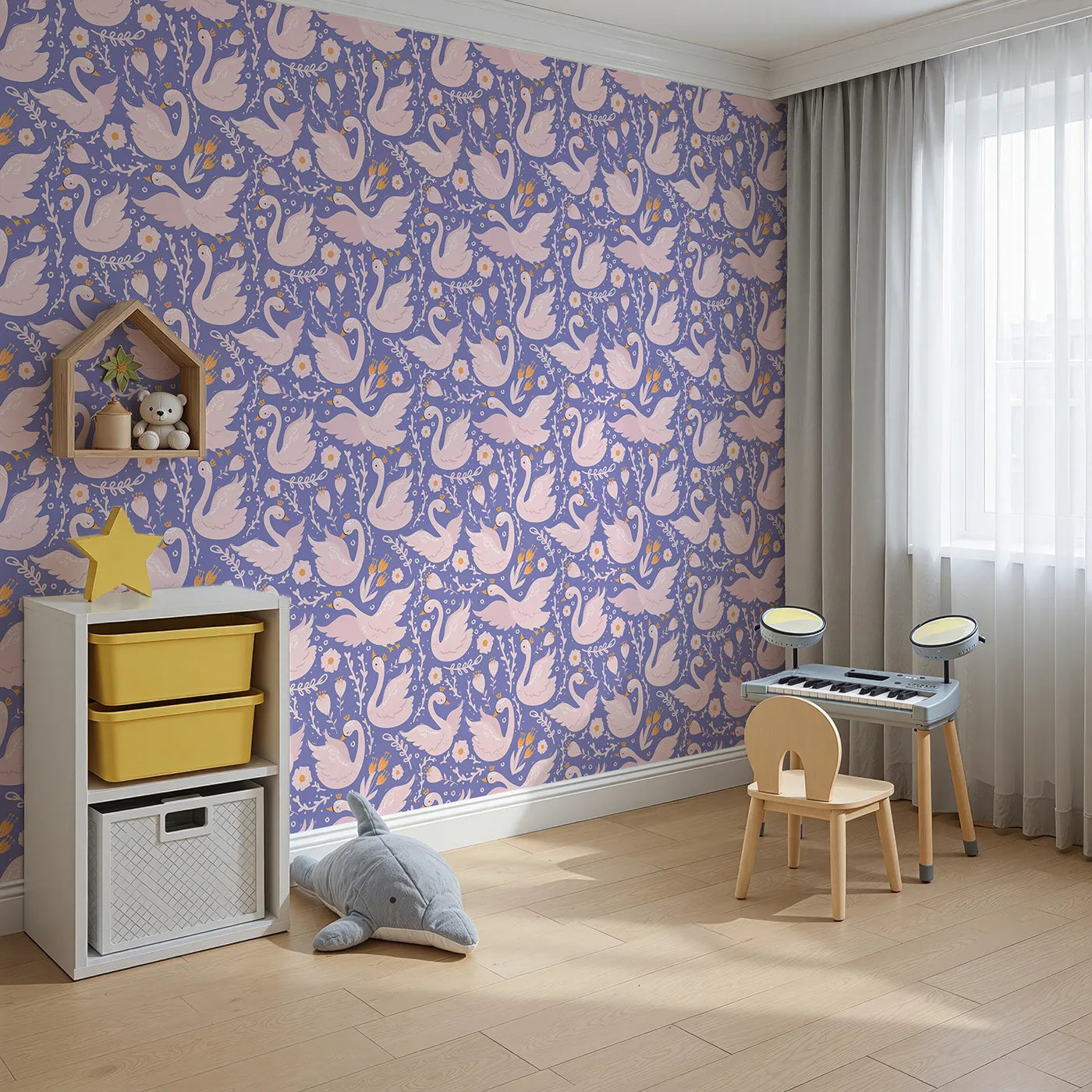 Angled view of Whimsy Tots' Starlit Swan Ballet Wallpaper in Periwinkle Purple (W3084E).Crowned swans and floral whispers glow on periwinkle twilight.