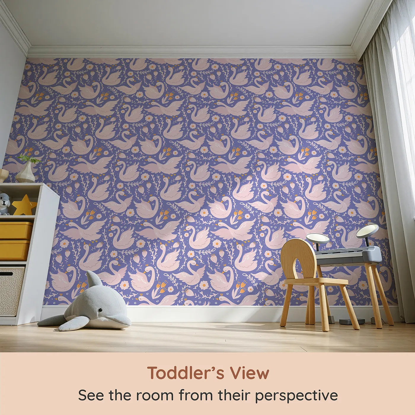 Whimsy Tots Starlit Swan Ballet Wallpaper in Periwinkle Purple (W3084E) from your child's view.Crowned swans and floral whispers glow on periwinkle twilight.