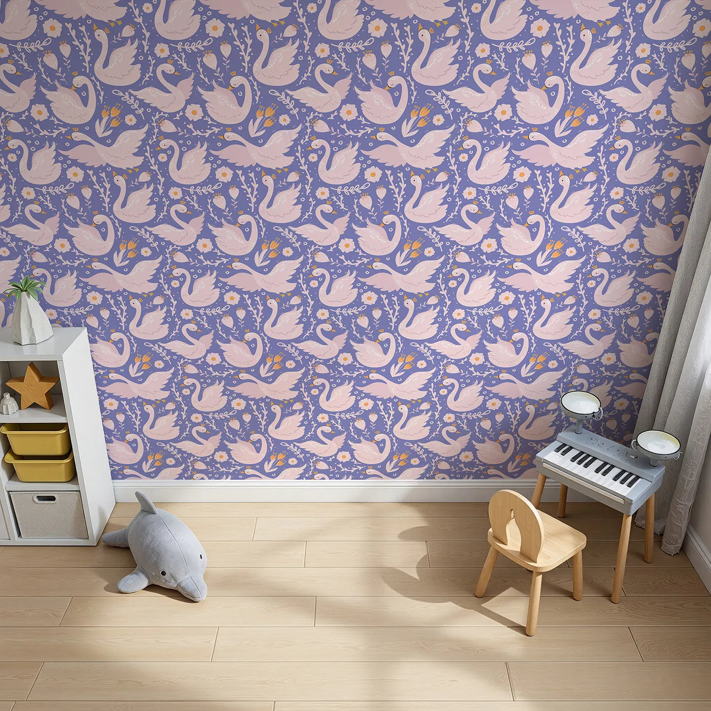 Top-Down view of Whimsy Tots' Starlit Swan Ballet Wallpaper in Periwinkle Purple (W3084E).Crowned swans and floral whispers glow on periwinkle twilight.