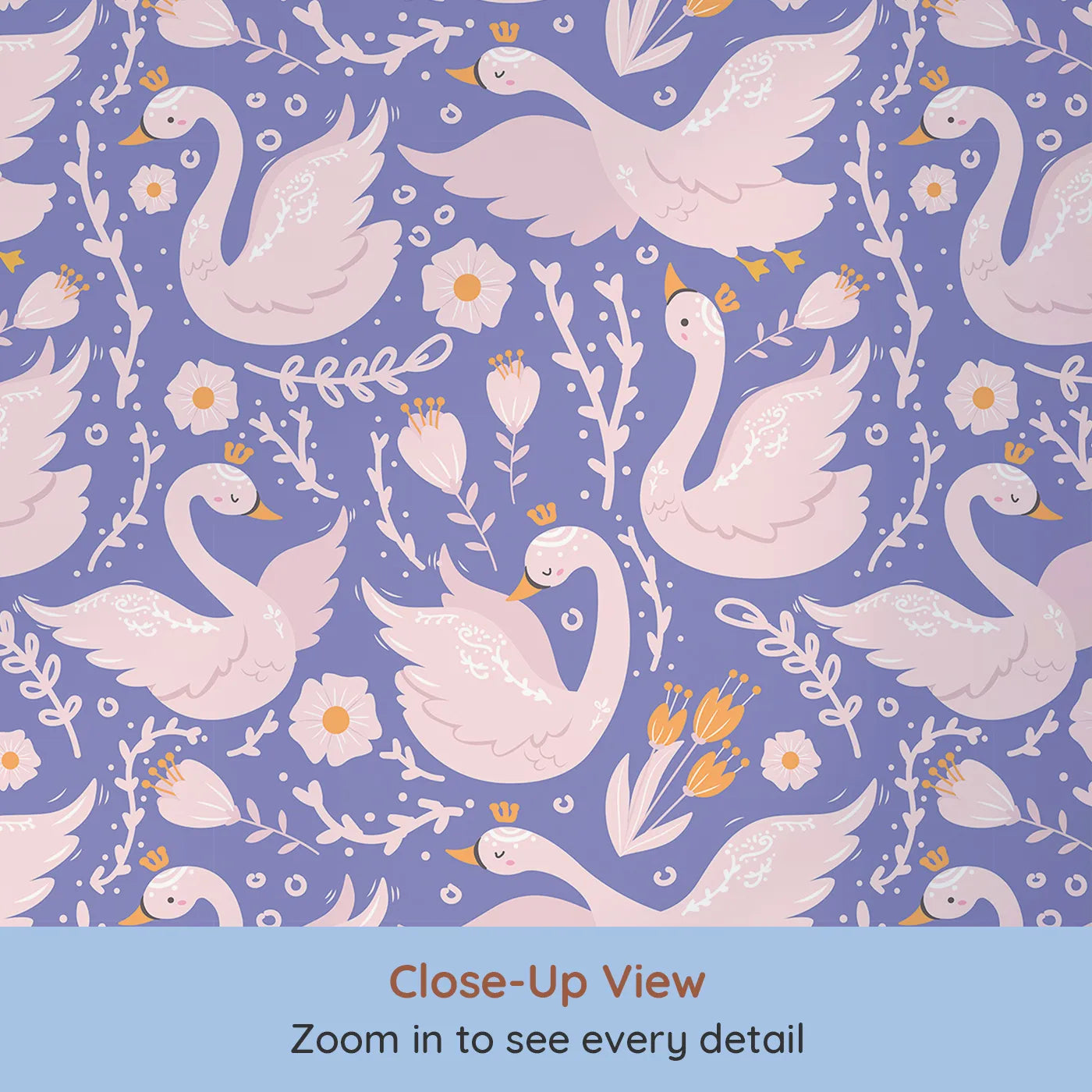 Close-up view of Whimsy Tots' Starlit Swan Ballet Wallpaper in Periwinkle Purple (W3084E).Crowned swans and floral whispers glow on periwinkle twilight.
