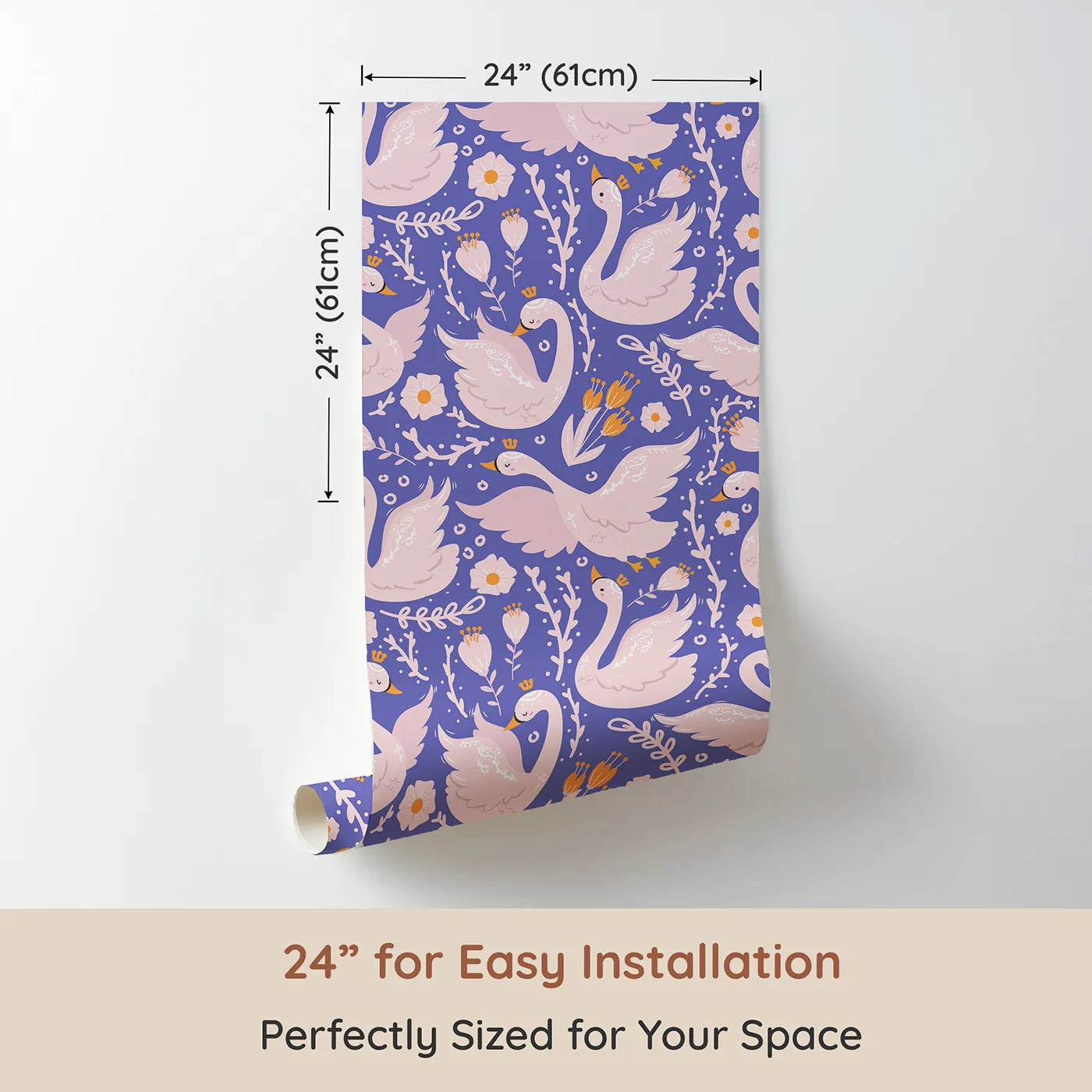 Dimension view of Whimsy Tots Starlit Swan Ballet Wallpaper in Periwinkle Purple (W3084E). Printed in 24-inch-wide panel for easy installation. Crowned swans and floral whispers glow on periwinkle twilight.