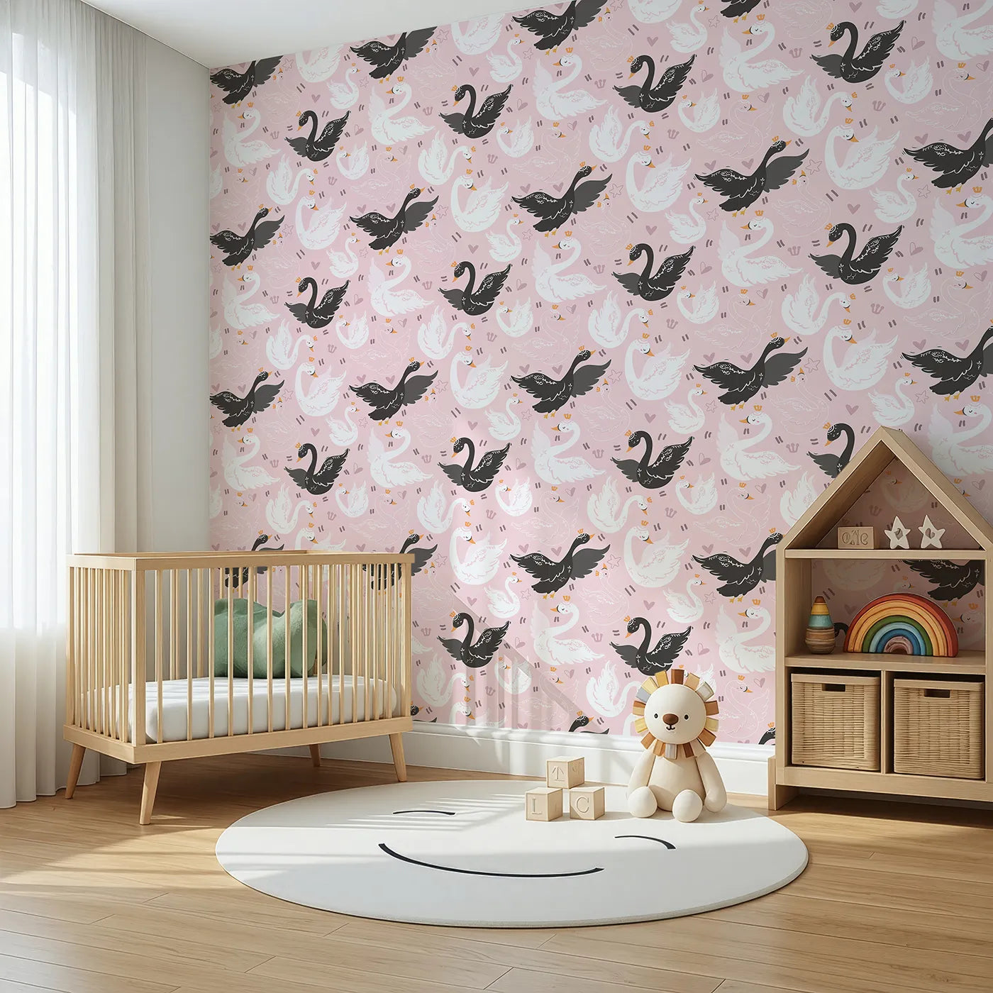 Angled view of Whimsy Tots' Royal Swan Parade Wallpaper in Pink (W3085A).Black and white swans glide together through a crown-filled pink sky.