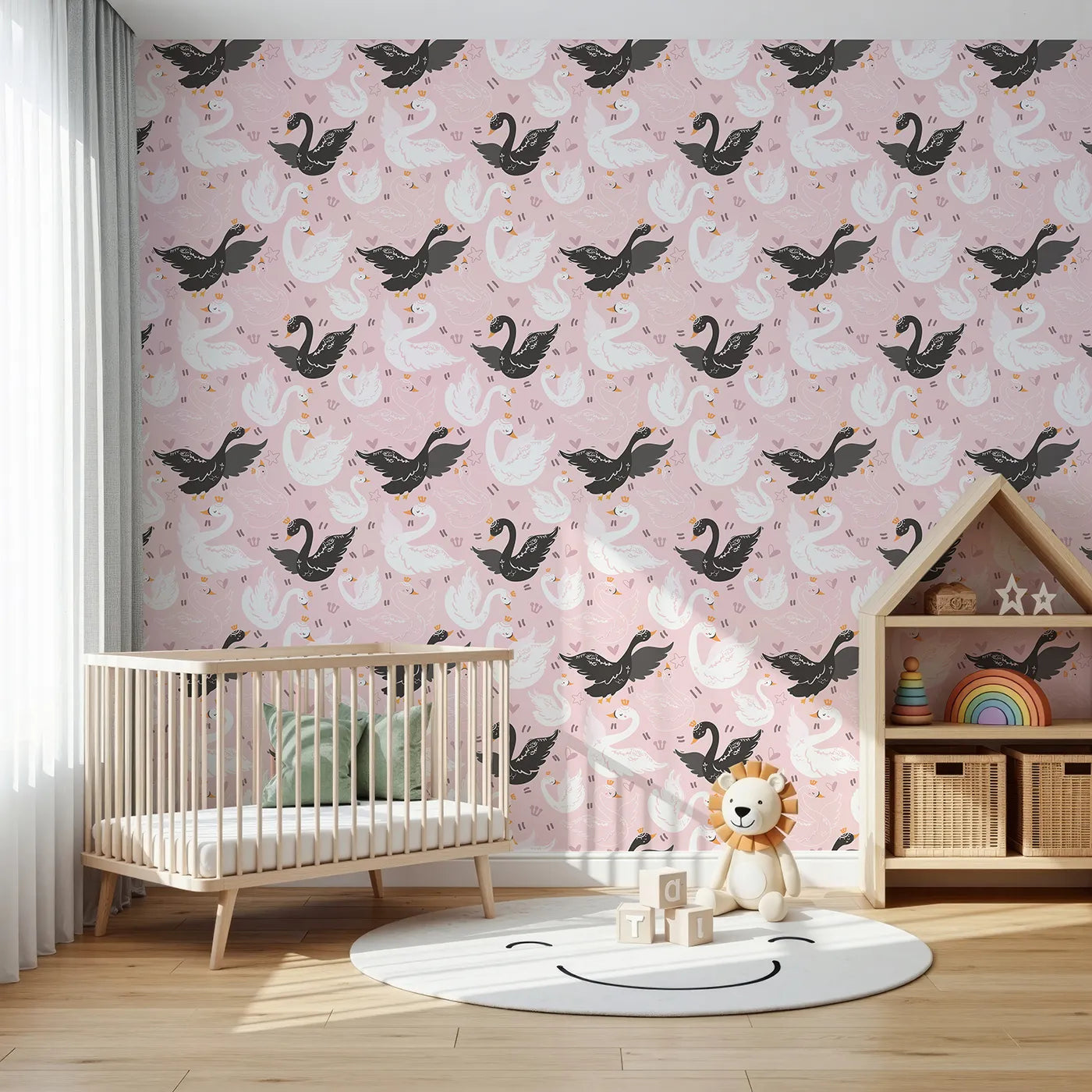 Front view of Whimsy Tots' Royal Swan Parade Wallpaper in Pink