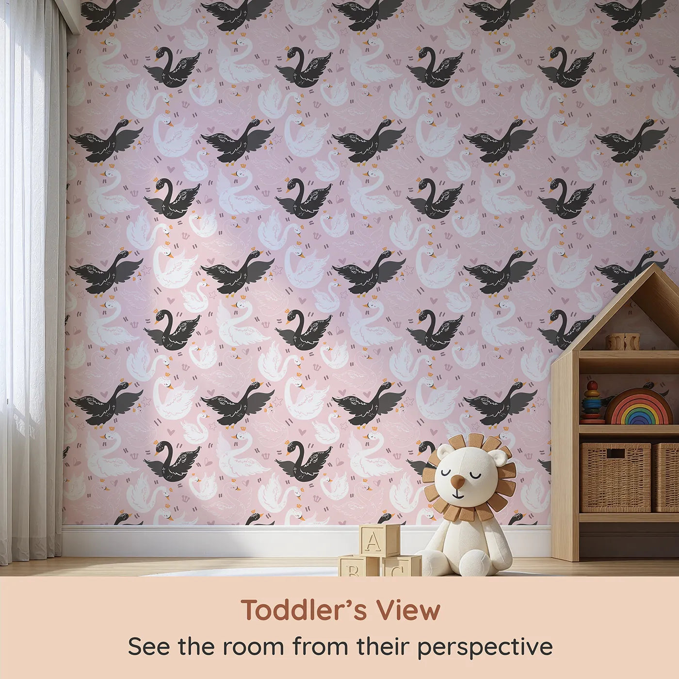 Whimsy Tots Royal Swan Parade Wallpaper in Pink (W3085A) from your child's view.Black and white swans glide together through a crown-filled pink sky.