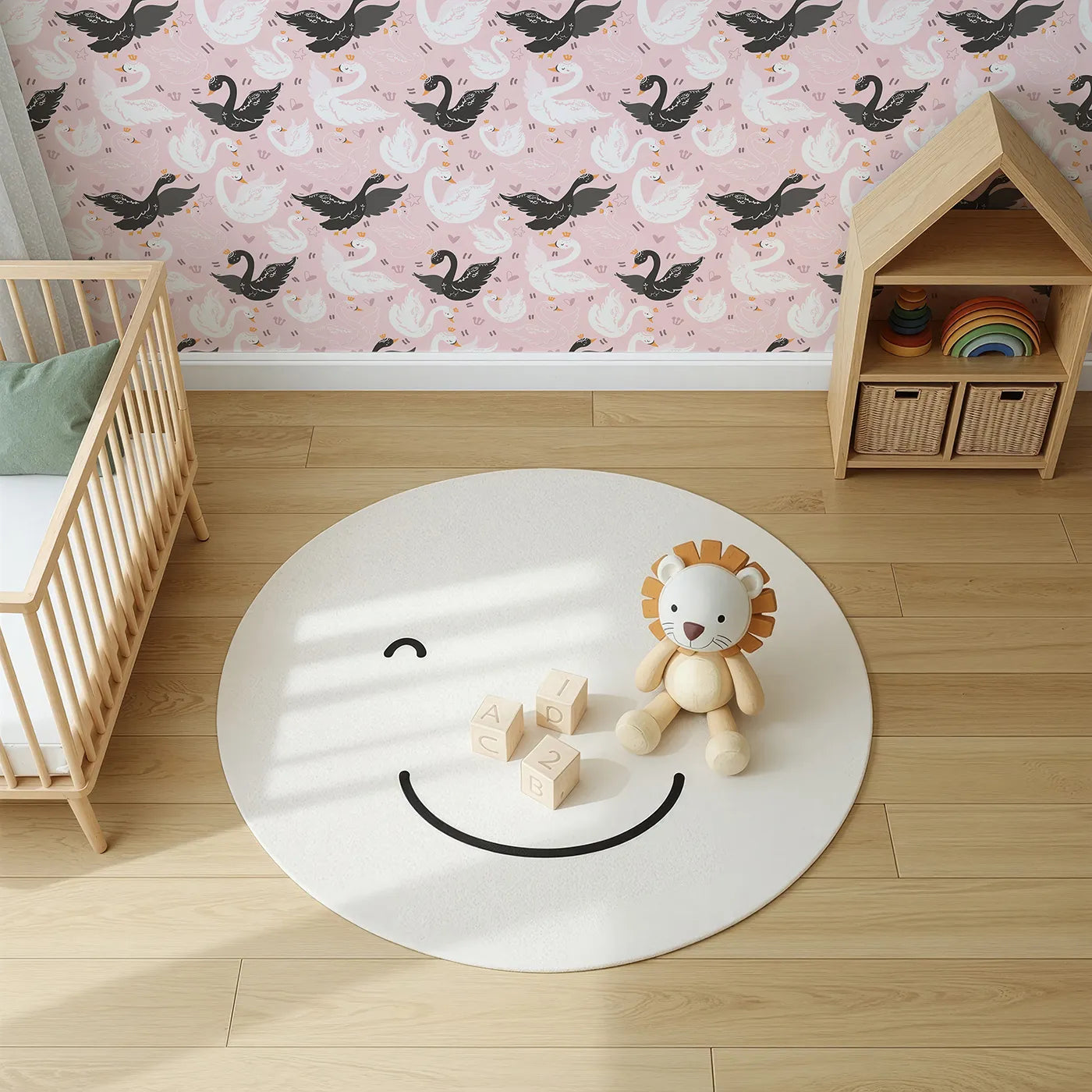 Top-Down view of Whimsy Tots' Royal Swan Parade Wallpaper in Pink (W3085A).Black and white swans glide together through a crown-filled pink sky.