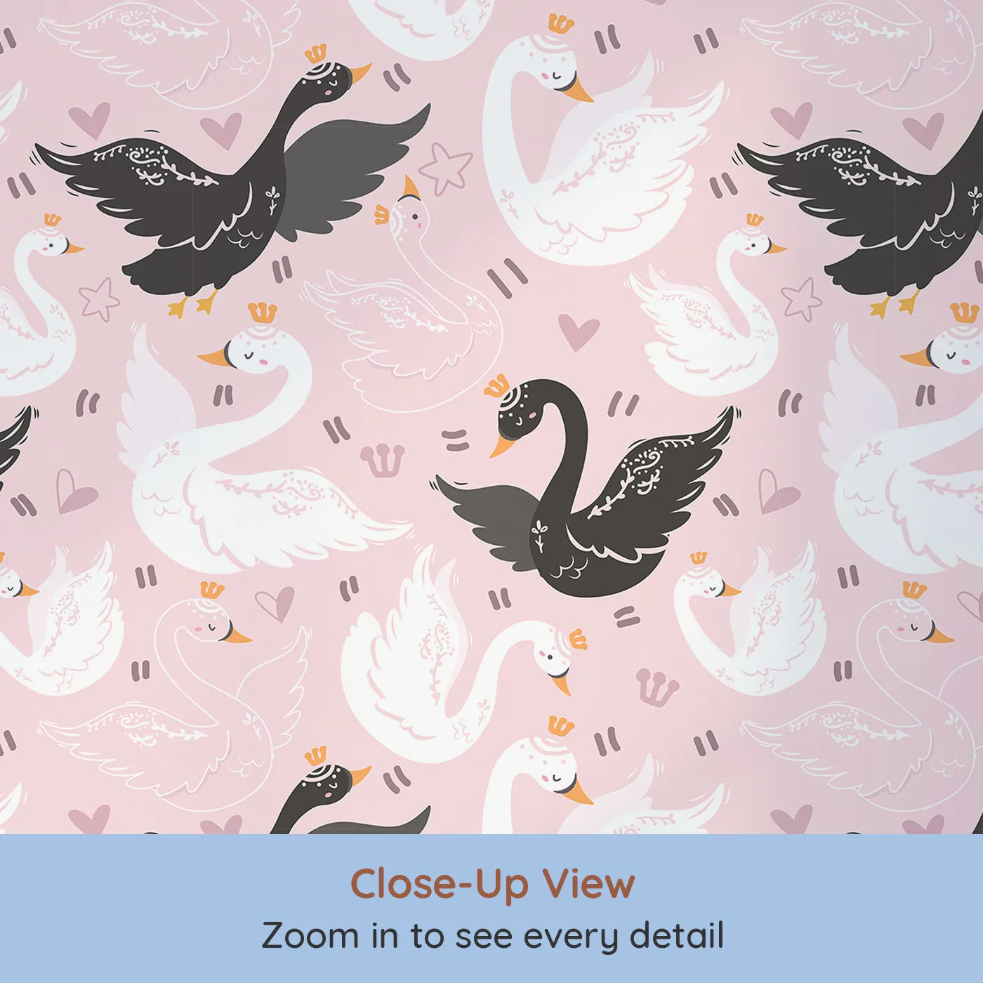 Close-up view of Whimsy Tots' Royal Swan Parade Wallpaper in Pink (W3085A).Black and white swans glide together through a crown-filled pink sky.