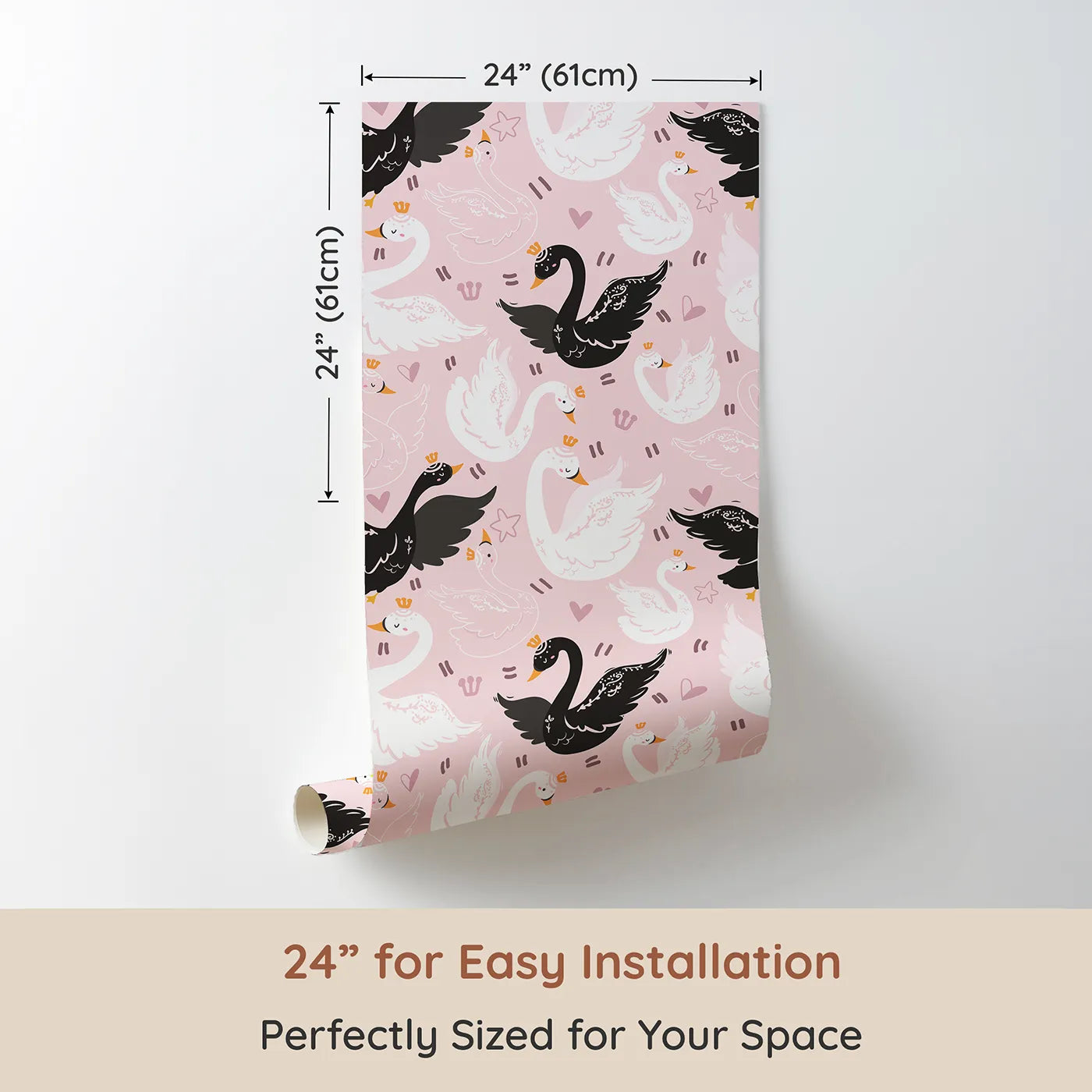Dimension view of Whimsy Tots Royal Swan Parade Wallpaper in Pink (W3085A). Printed in 24-inch-wide panel for easy installation. Black and white swans glide together through a crown-filled pink sky.