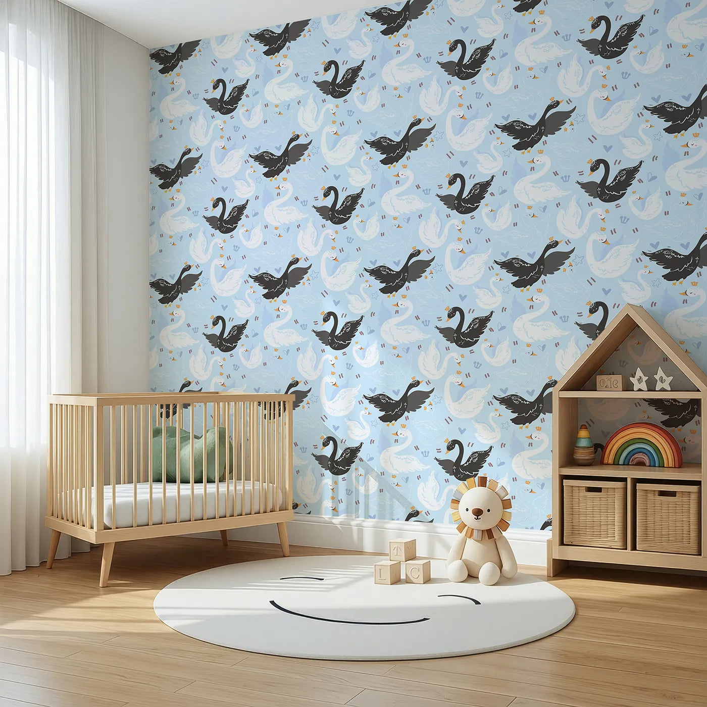 Angled view of Whimsy Tots' Royal Swan Parade Wallpaper in Sky Blue (W3085B).White and black swans glide across a soft blue sky full of hearts and crowns.