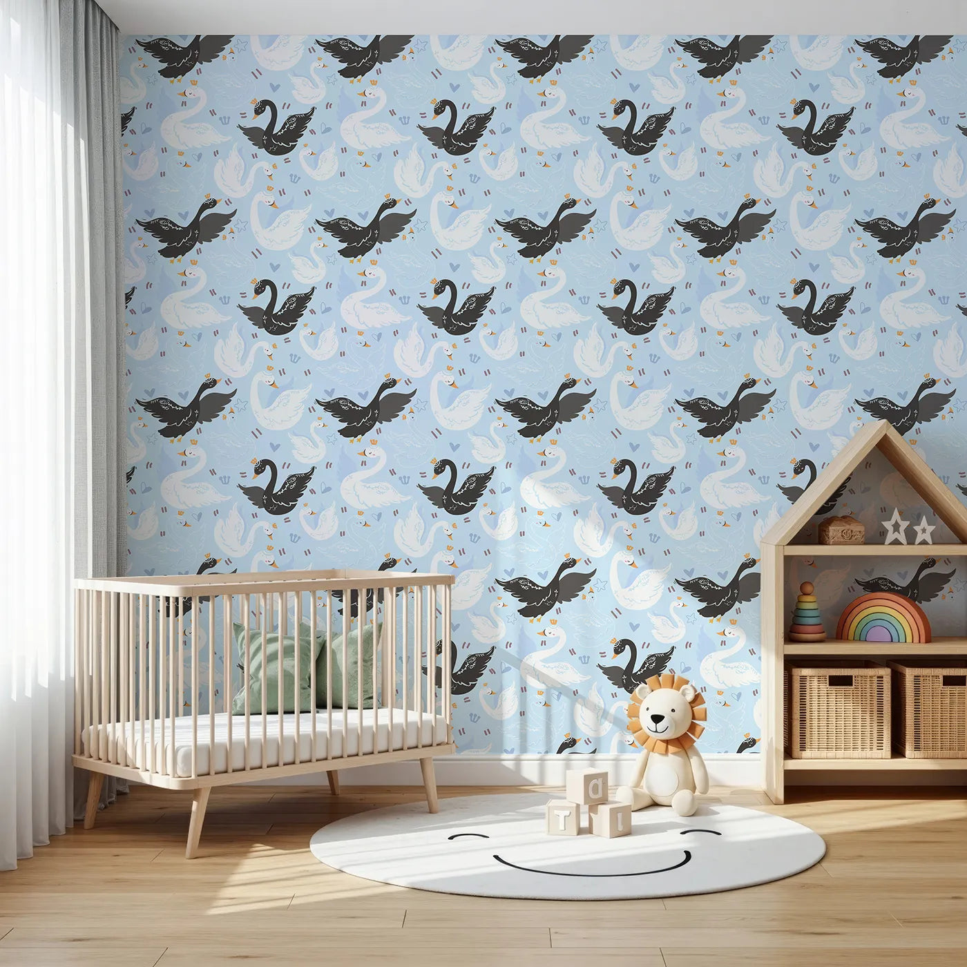 Front view of Whimsy Tots' Royal Swan Parade Wallpaper in Sky Blue