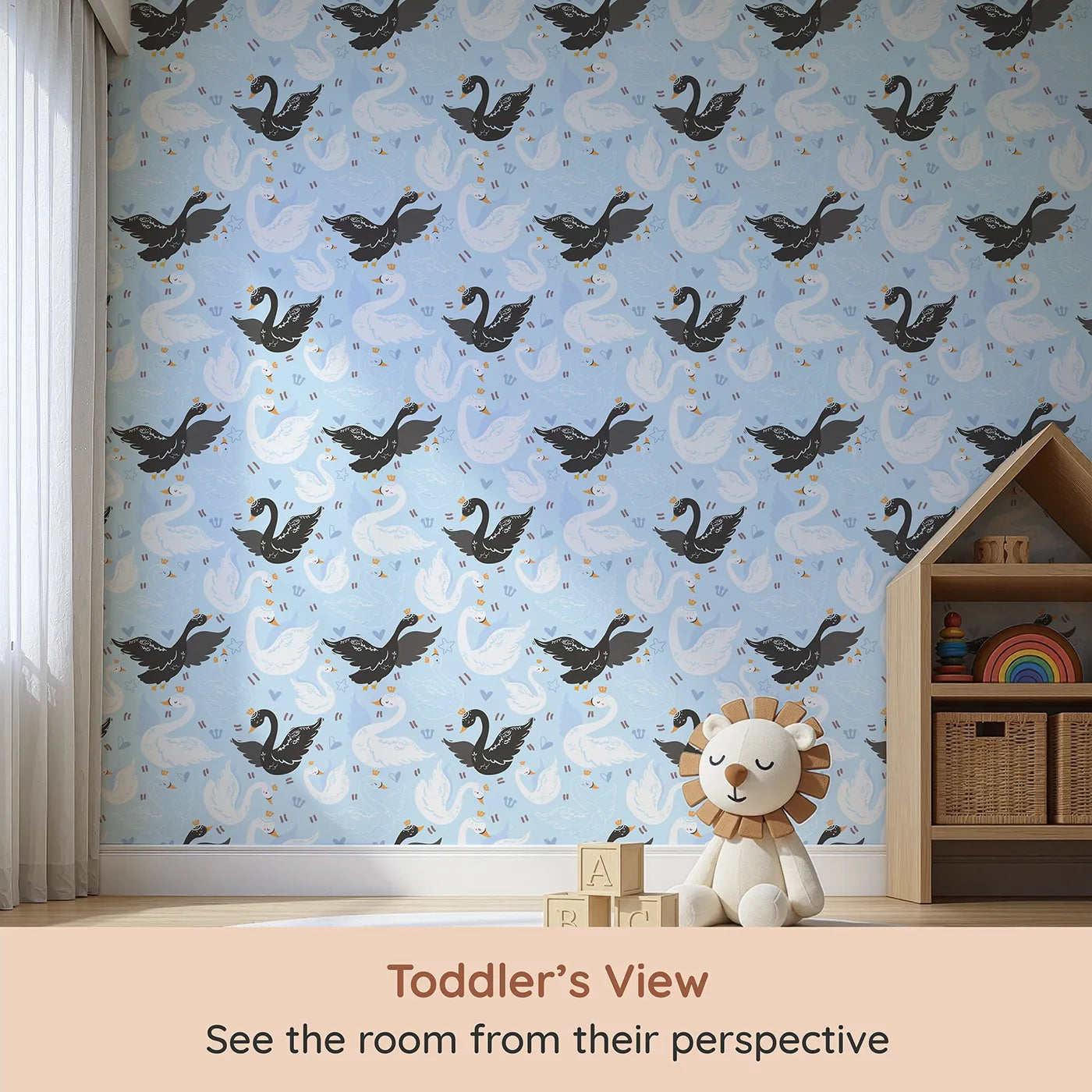 Whimsy Tots Royal Swan Parade Wallpaper in Sky Blue (W3085B) from your child's view.White and black swans glide across a soft blue sky full of hearts and crowns.