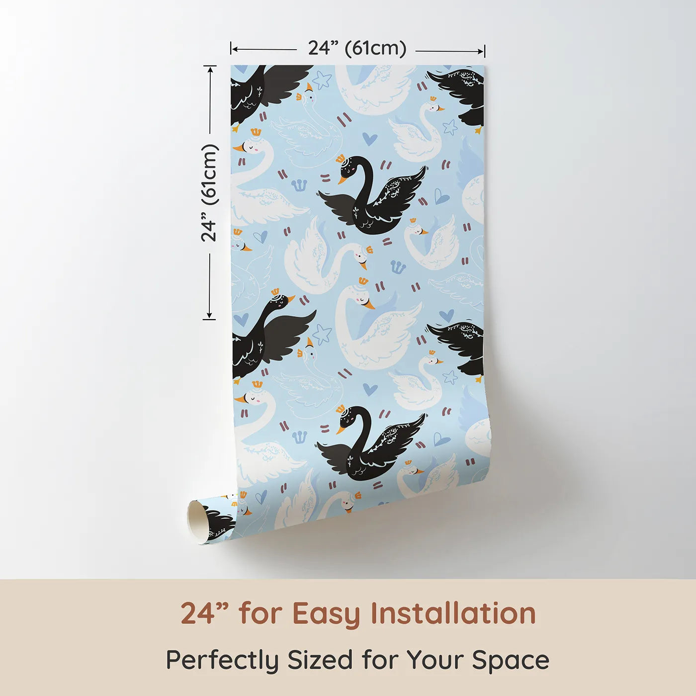 Dimension view of Whimsy Tots Royal Swan Parade Wallpaper in Sky Blue (W3085B). Printed in 24-inch-wide panel for easy installation. White and black swans glide across a soft blue sky full of hearts and crowns.
