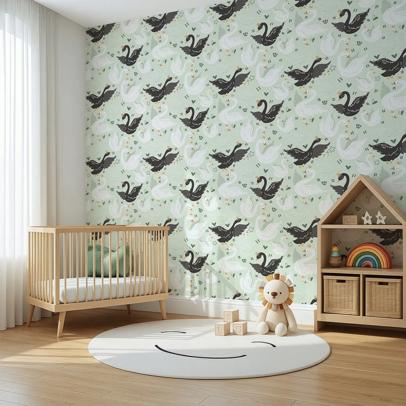 Angled view of Whimsy Tots' Royal Swan Parade Wallpaper in Mint Green (W3085C).Crowned black and white swans float peacefully on a minty green breeze.