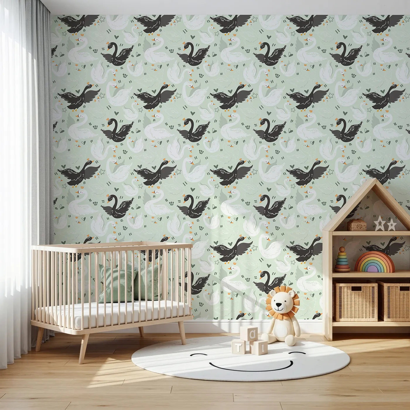 Front view of Whimsy Tots' Royal Swan Parade Wallpaper in Mint Green