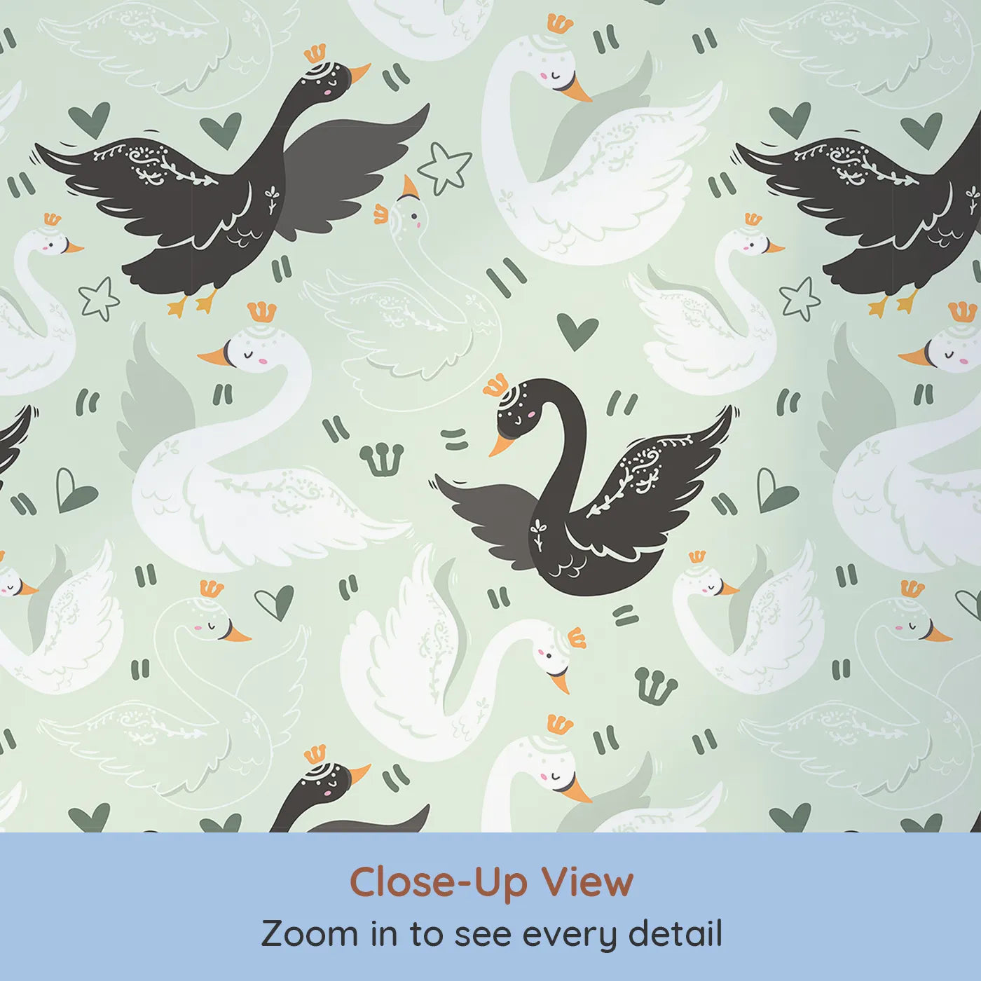 Close-up view of Whimsy Tots' Royal Swan Parade Wallpaper in Mint Green (W3085C).Crowned black and white swans float peacefully on a minty green breeze.