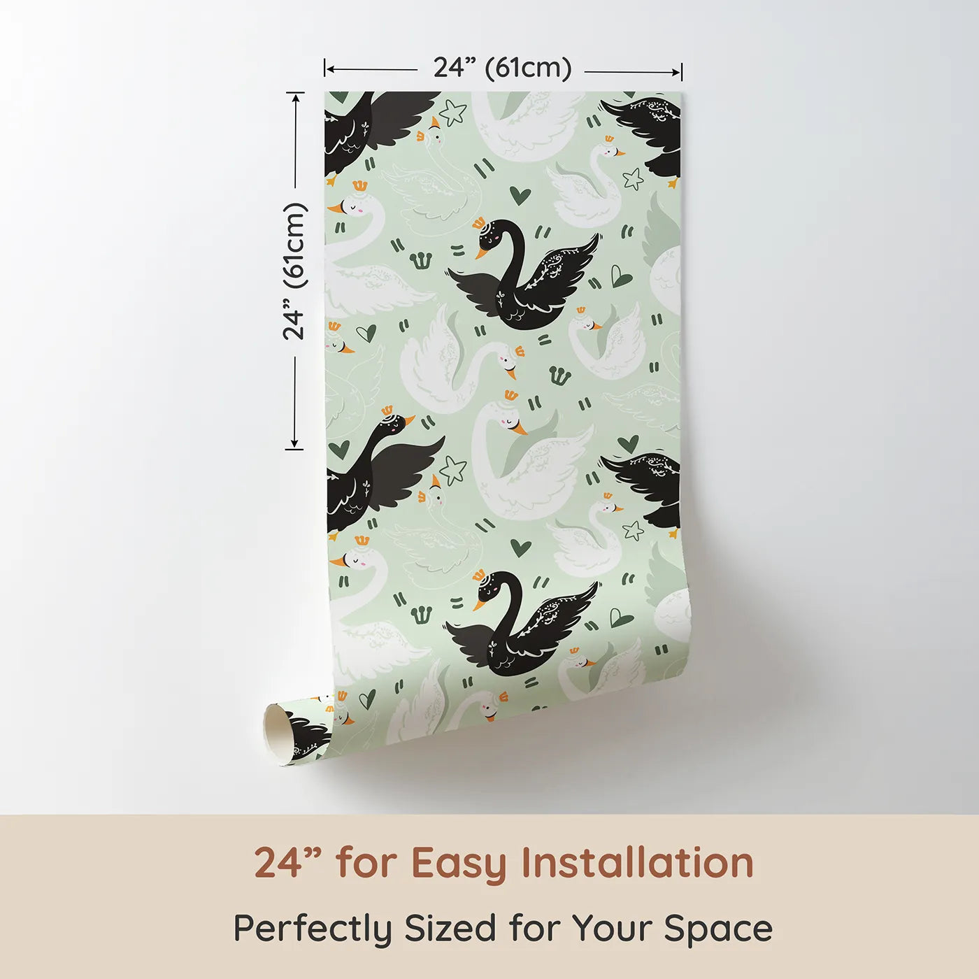 Dimension view of Whimsy Tots Royal Swan Parade Wallpaper in Mint Green (W3085C). Printed in 24-inch-wide panel for easy installation. Crowned black and white swans float peacefully on a minty green breeze.