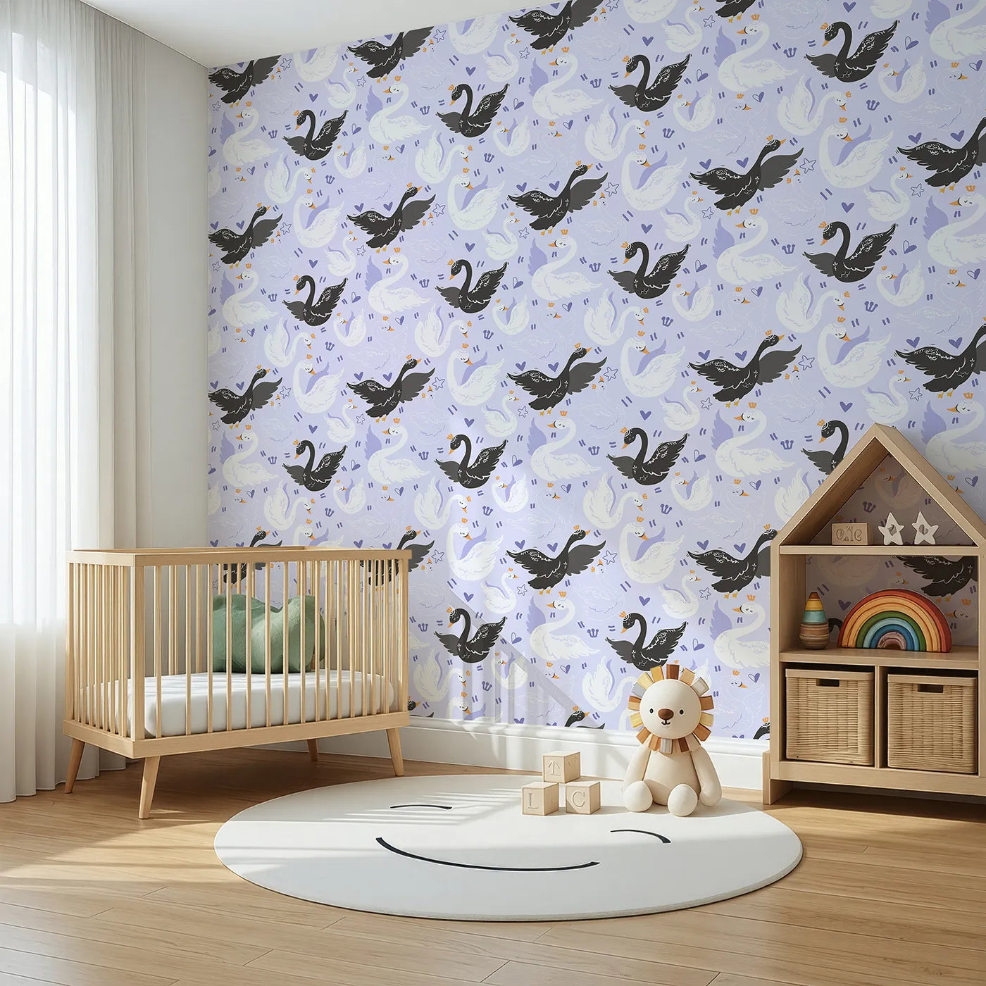 Angled view of Whimsy Tots' Royal Swan Parade Wallpaper in Lavender (W3085D).White and black swans float peacefully across a soft purple sky.