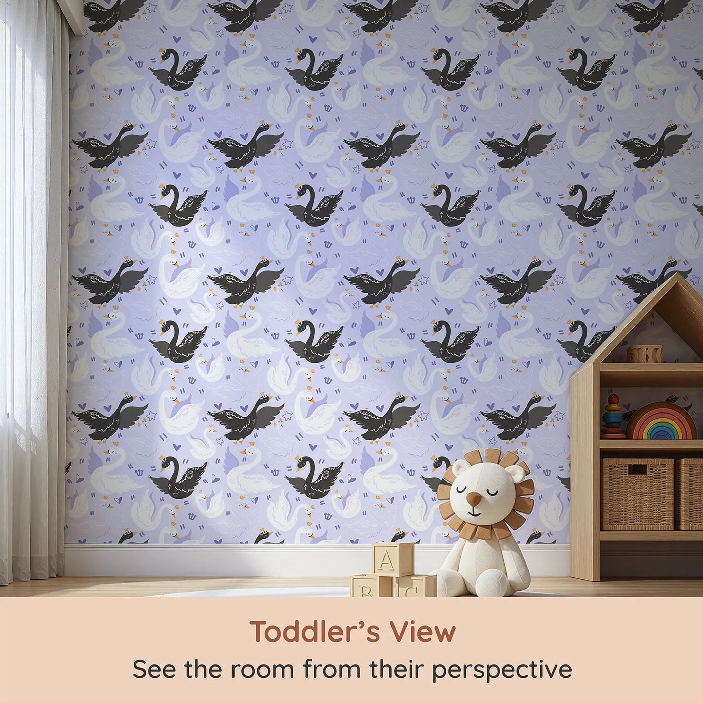 Whimsy Tots Royal Swan Parade Wallpaper in Lavender (W3085D) from your child's view.White and black swans float peacefully across a soft purple sky.