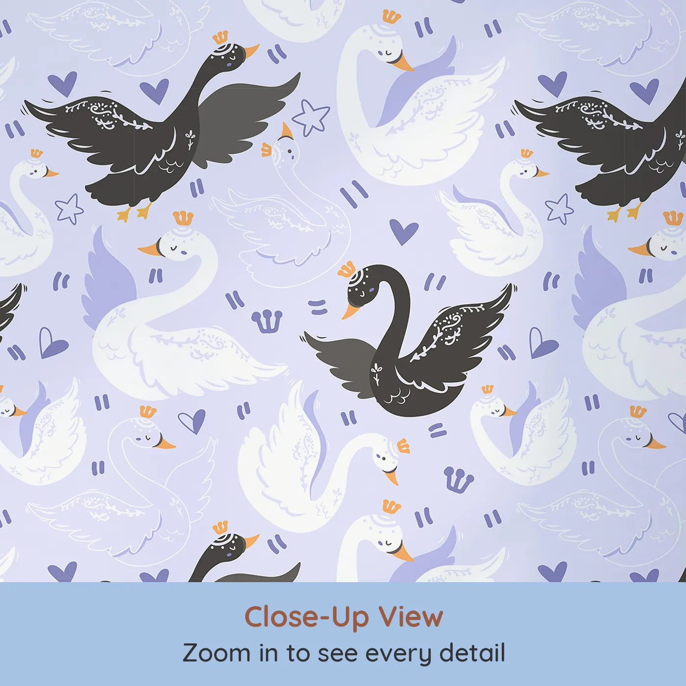 Close-up view of Whimsy Tots' Royal Swan Parade Wallpaper in Lavender (W3085D).White and black swans float peacefully across a soft purple sky.