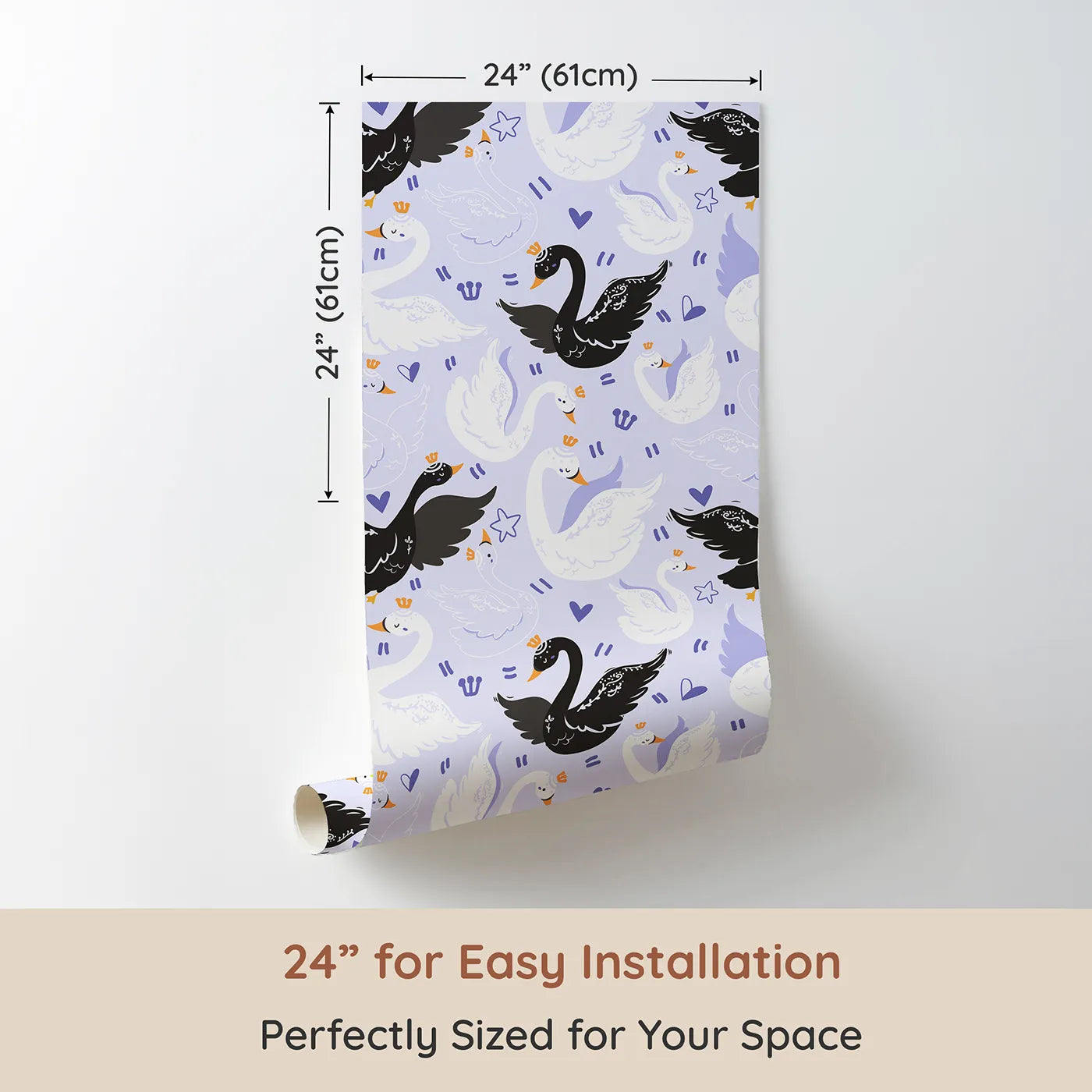 Dimension view of Whimsy Tots Royal Swan Parade Wallpaper in Lavender (W3085D). Printed in 24-inch-wide panel for easy installation. White and black swans float peacefully across a soft purple sky.