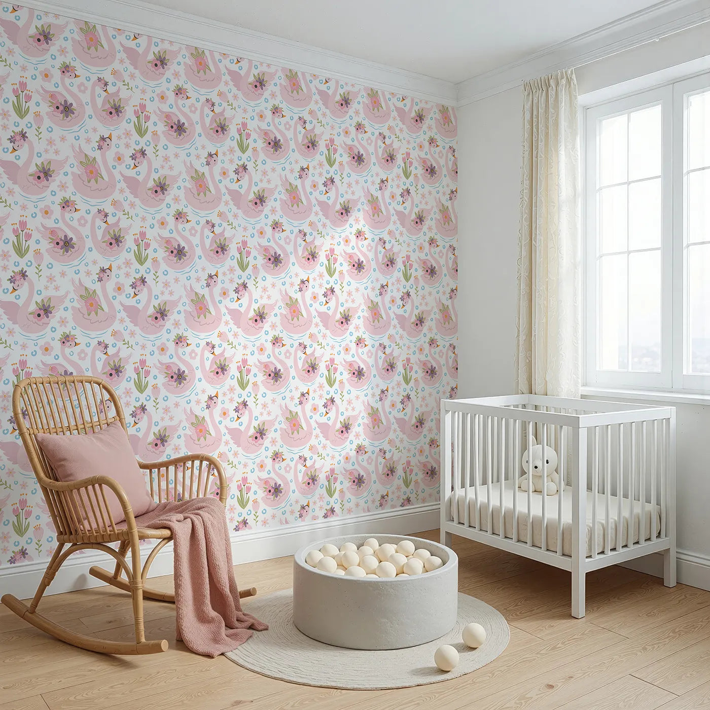 Angled view of Whimsy Tots' Blooming Swan Garden Wallpaper in White (W3086A).Floral-crowned pink swans drift among soft blooms on a white pond.