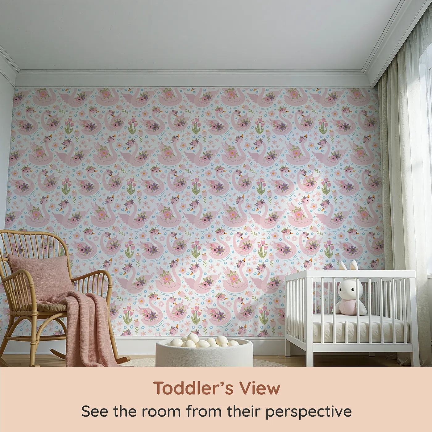 Whimsy Tots Blooming Swan Garden Wallpaper in White (W3086A) from your child's view.Floral-crowned pink swans drift among soft blooms on a white pond.